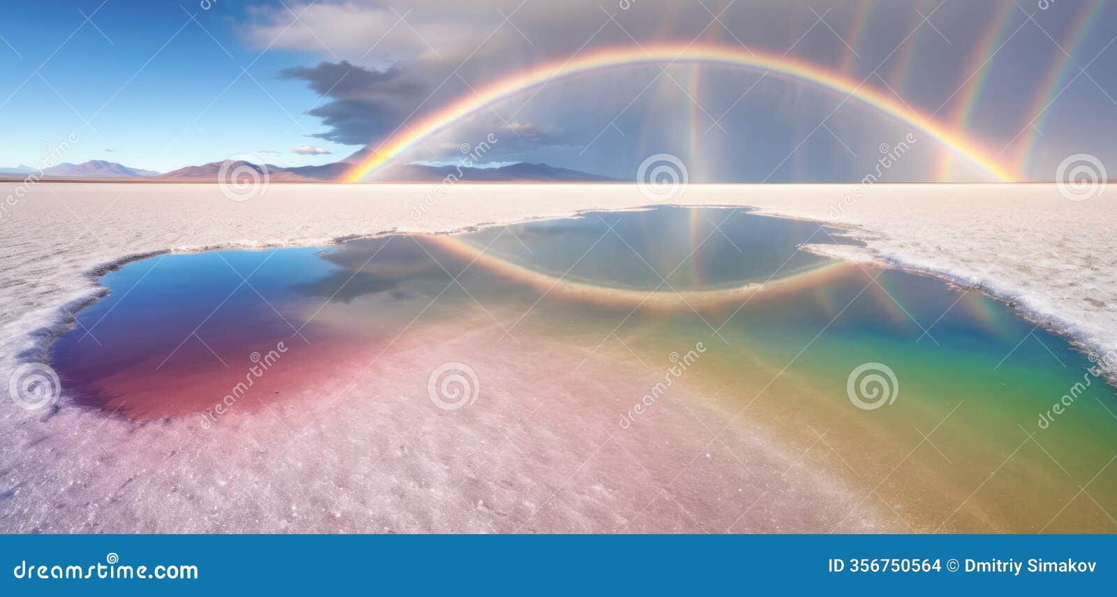 a perfect double rainbow arching over a mirror-like salt flat, with the ground reflecting