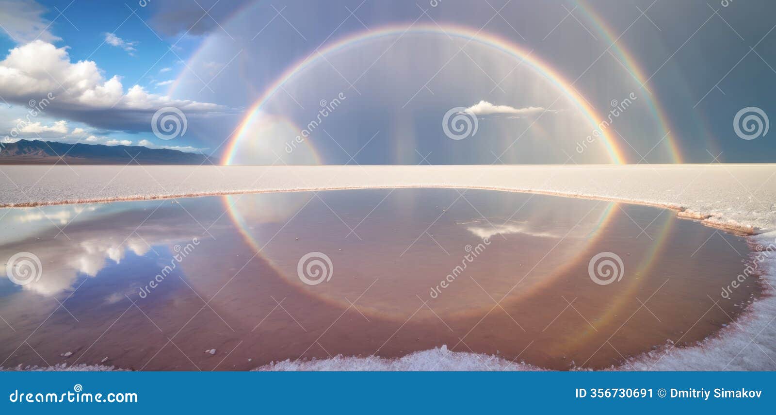 a perfect double rainbow arching over a mirror-like salt flat, with the ground reflecting