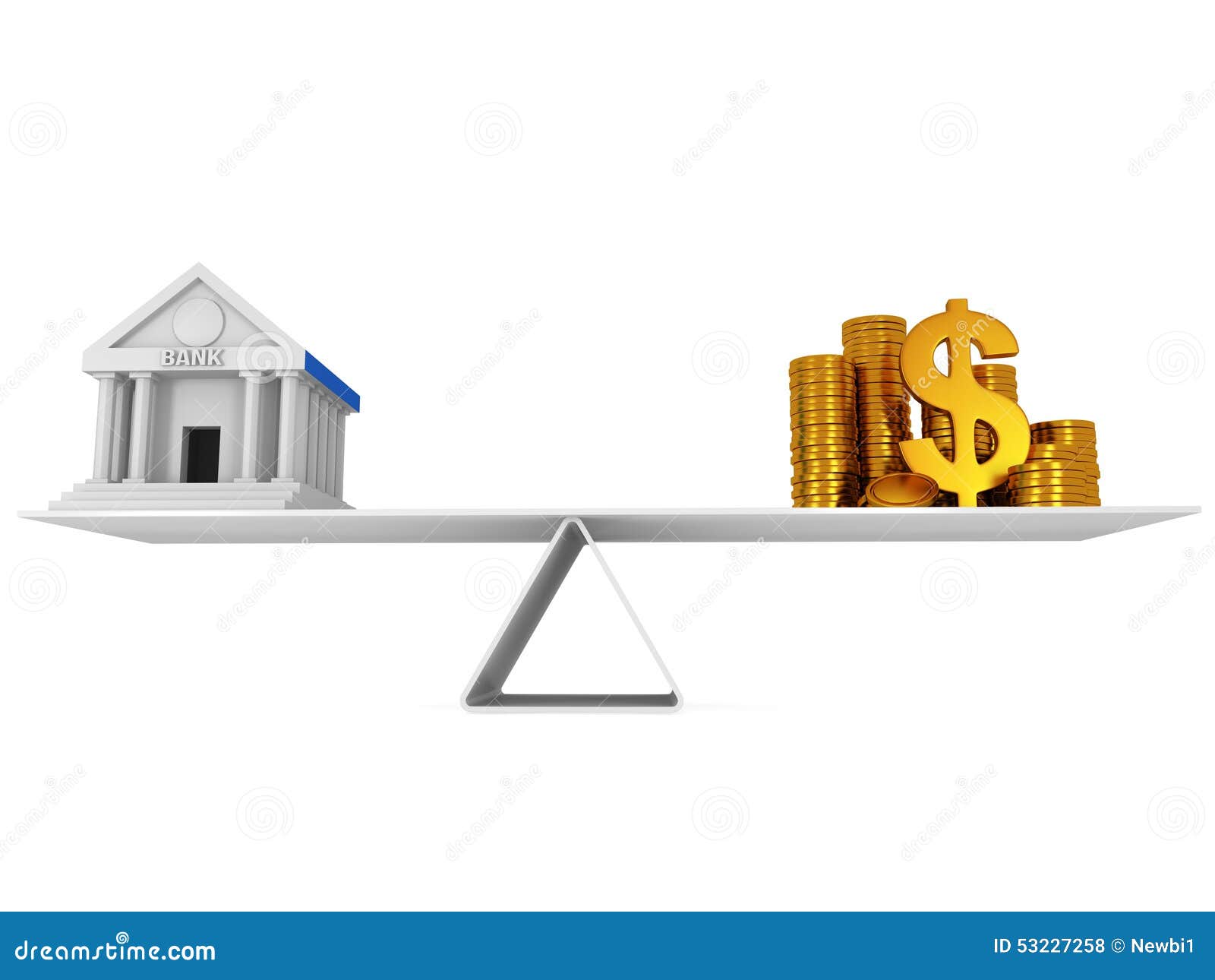 Perfect evenwicht tussen bank en geld 3D geef op wit geïsoleerdp terug Dollar, financiën, kredietconcepten