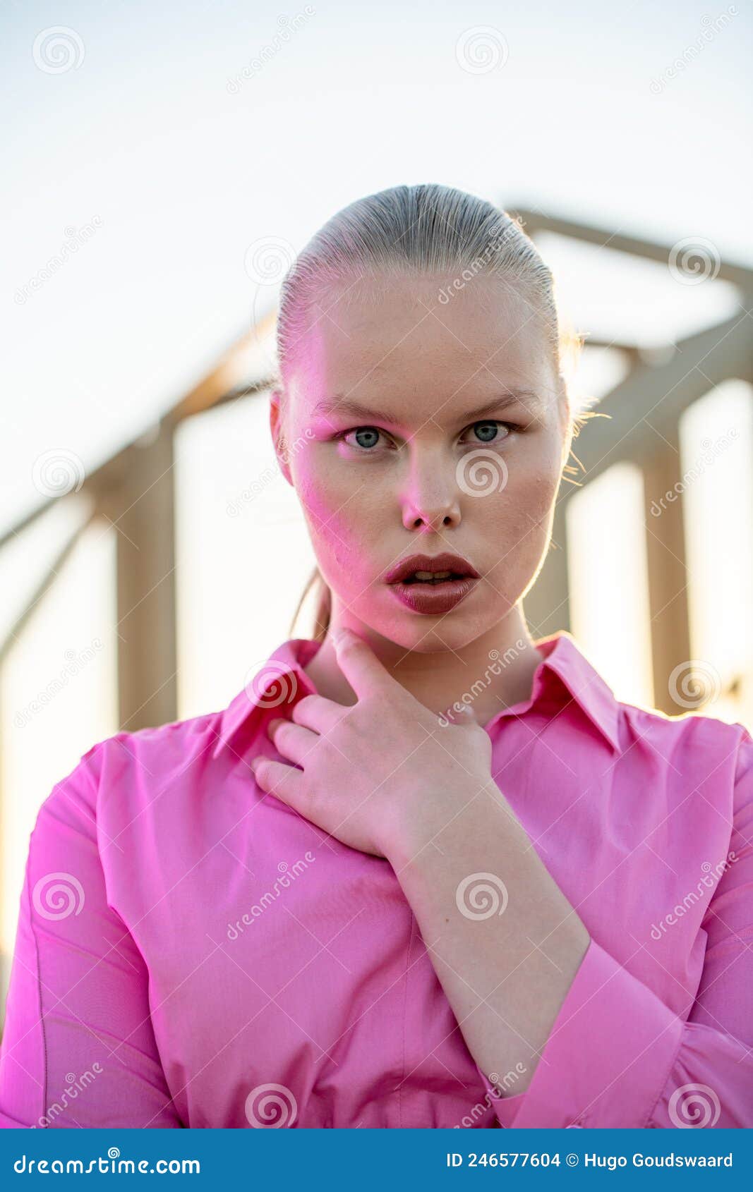 Woman With Large Breasts Posing In Pink Shirt Stock Photo, Picture and  Royalty Free Image. Image 97370863.