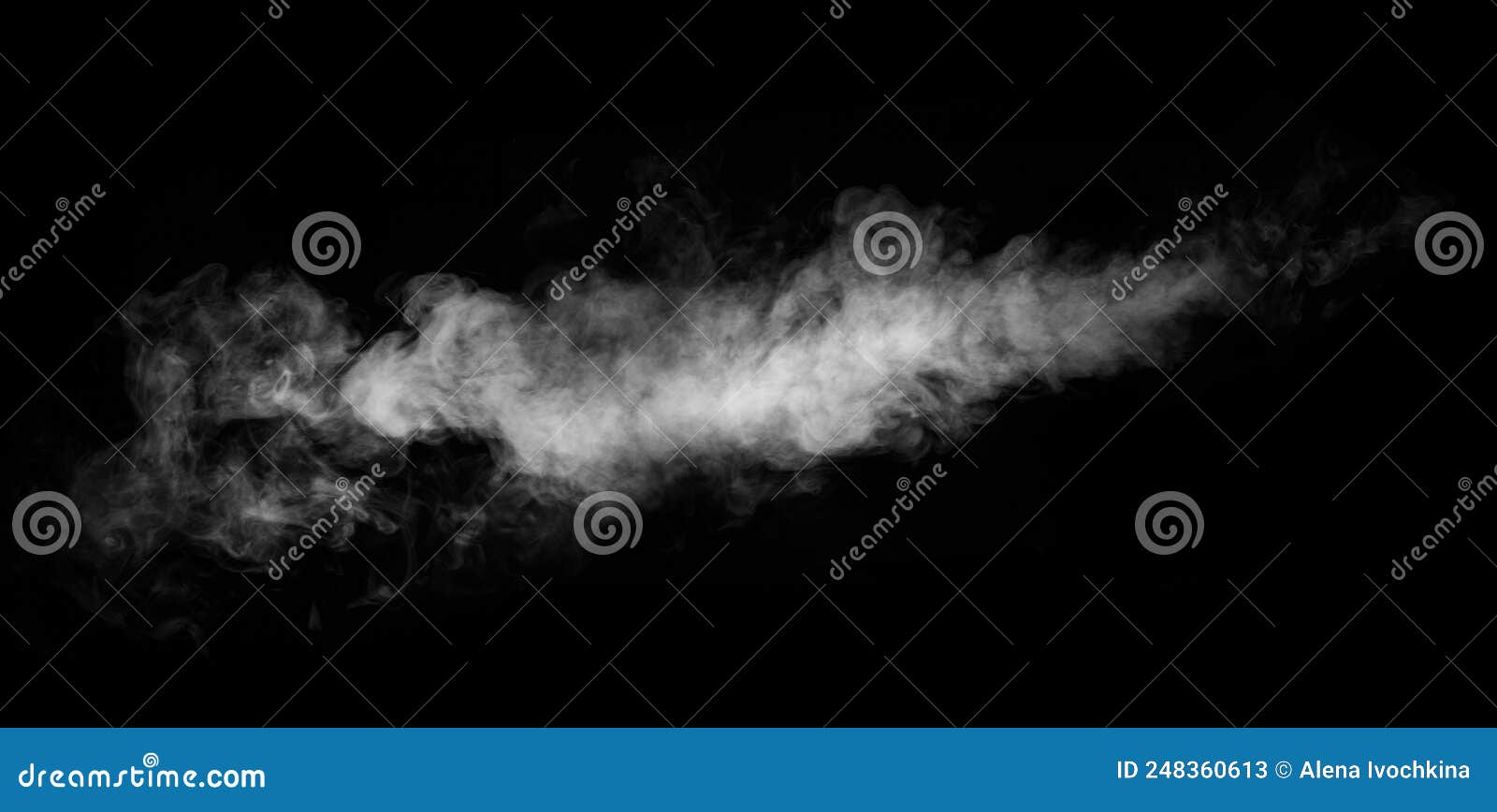 White horizontal steam, smoke isolated on black background. a