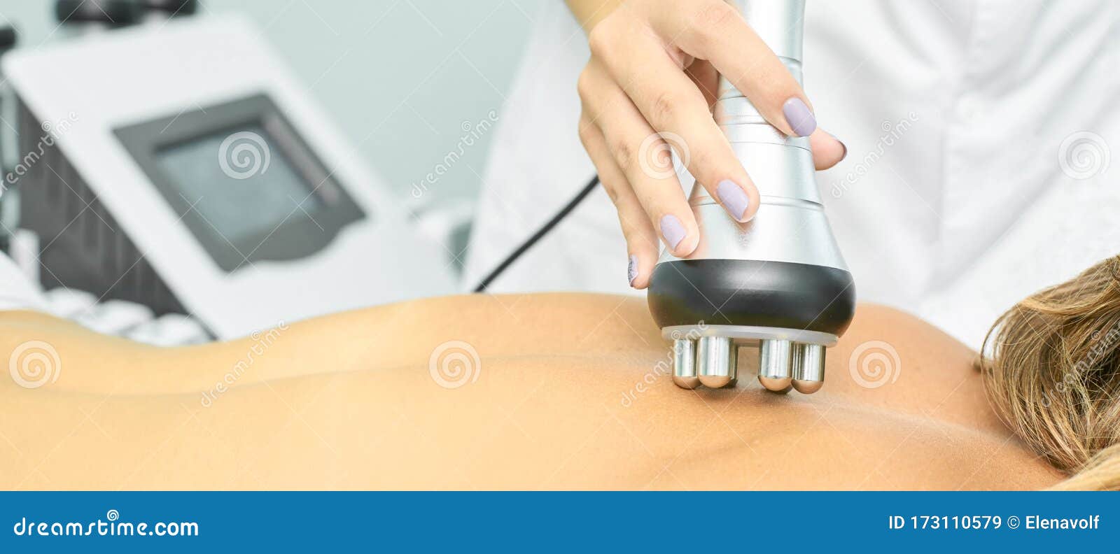 perfect radio treatment. woman at spa procedure. doctor hand and girl body. rf