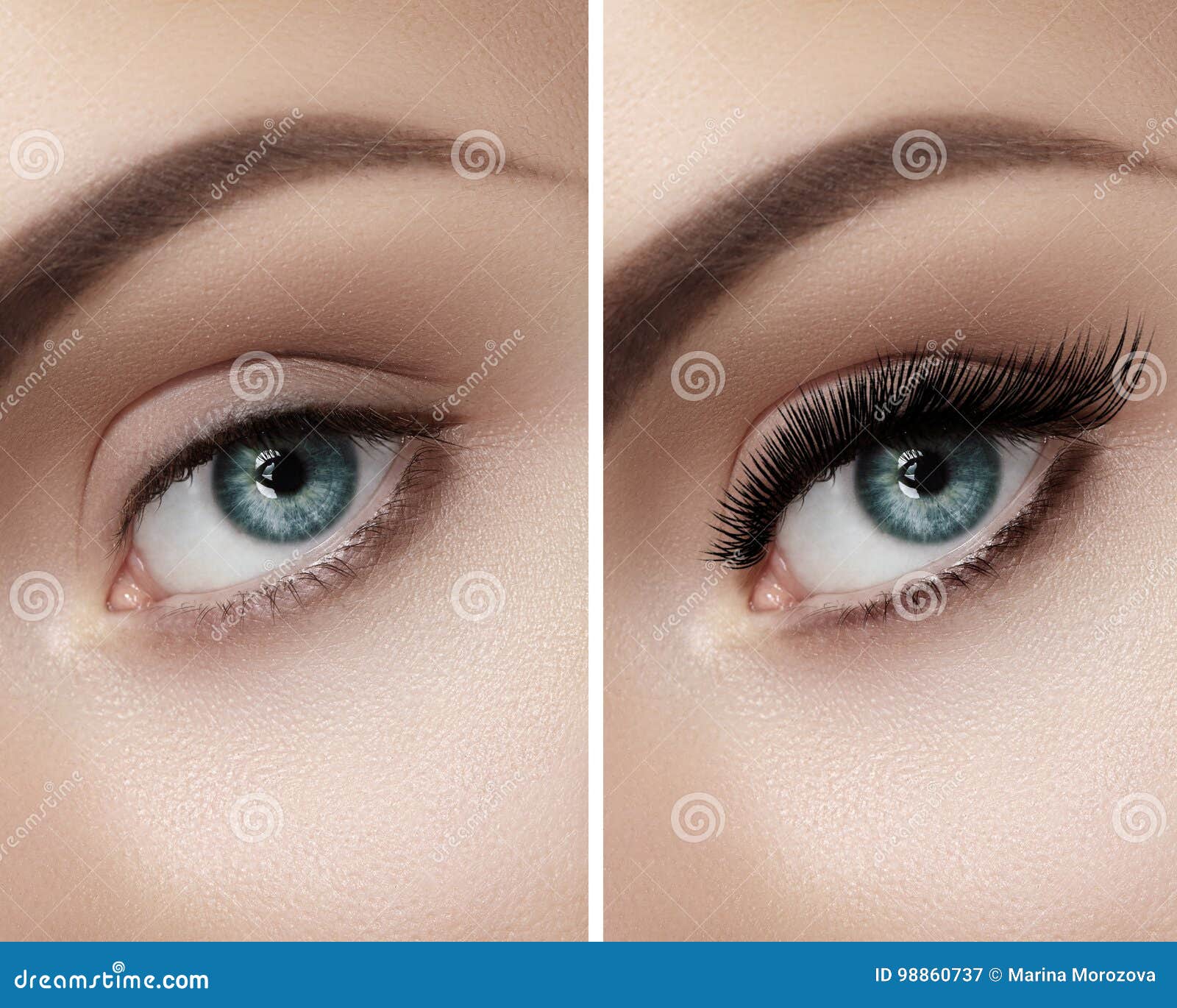perfect  of eyebrows and extremly long eyelashes. macro shot of fashion eyes visage. before and after
