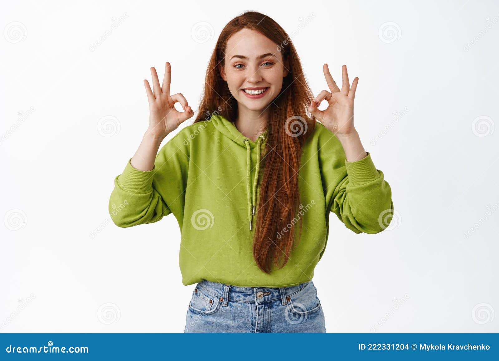 Perfect Smiling Pleased Redhead Girl Shows Okay Ok Sign Nod In 