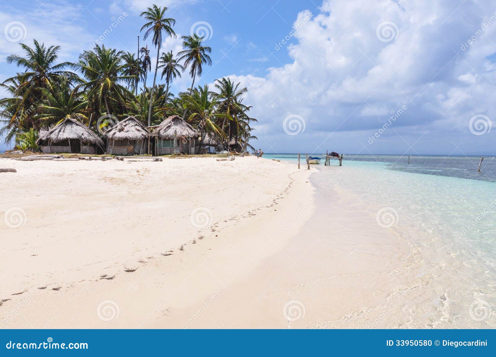 perfect unspoiled caribbean island with native huts, san blas. panama. central america.