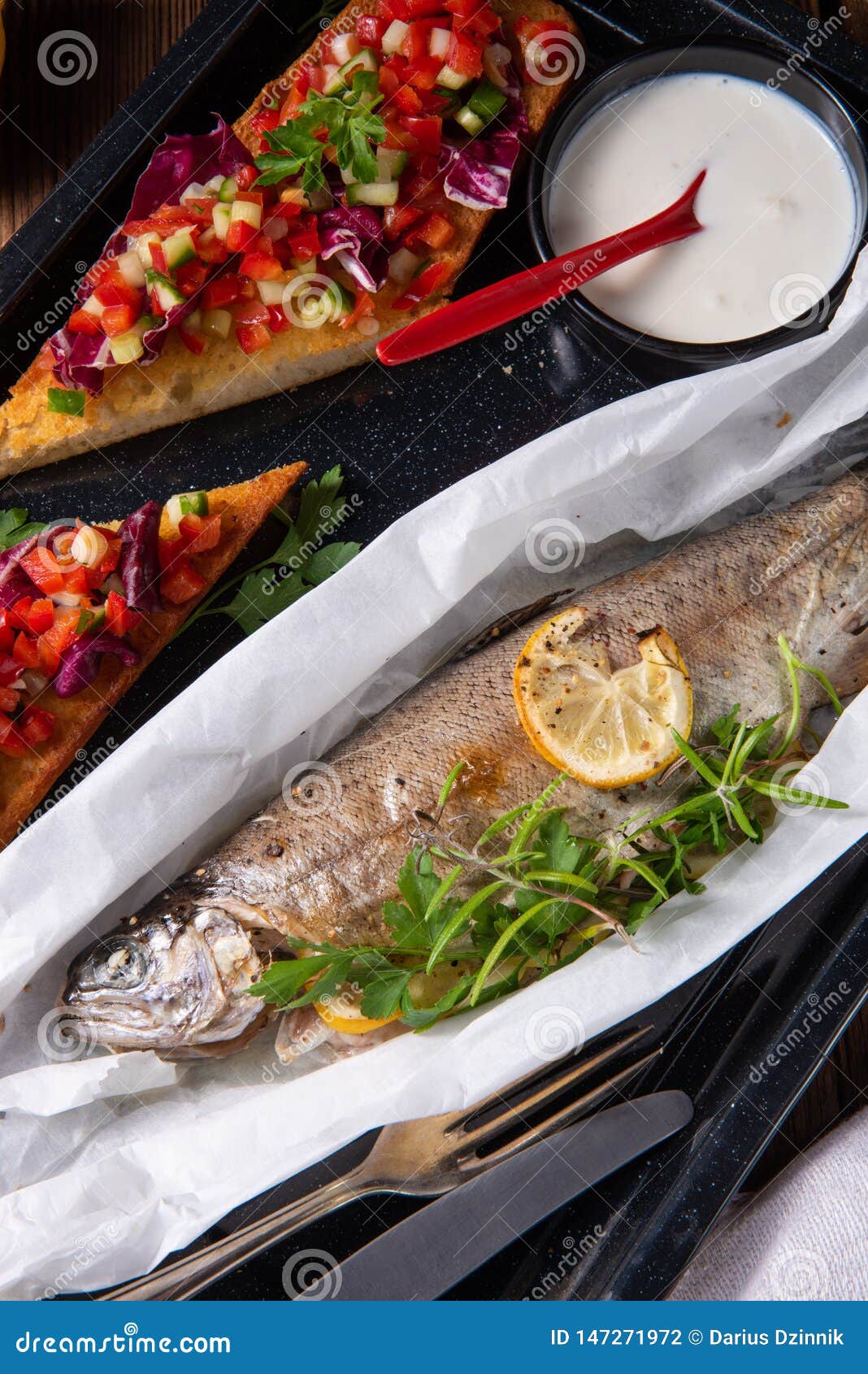 Perfectly Baked Oven Trout with Lemon and Herbs Stock Photo Image of