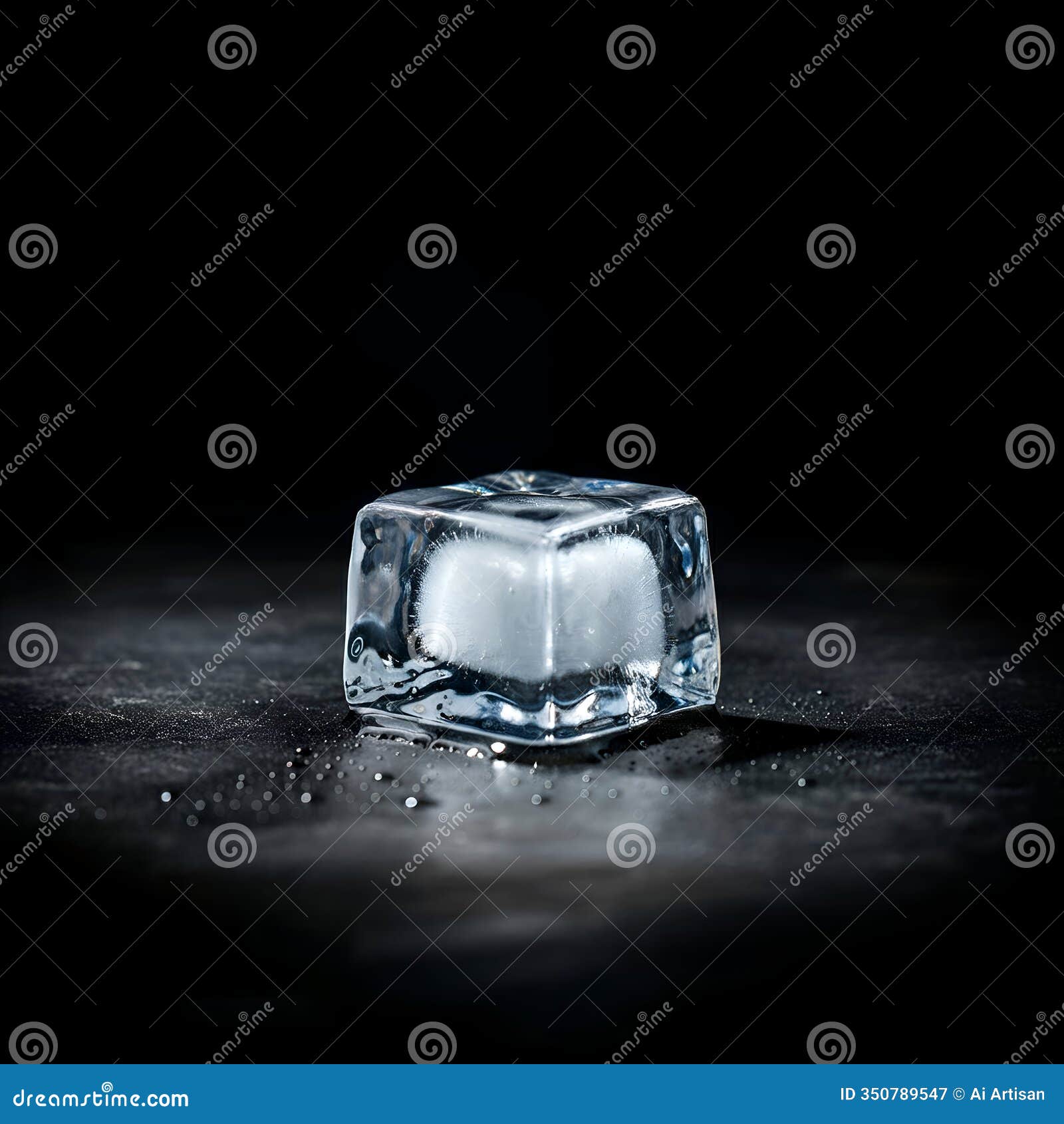 ai generated: clear ice cube on a dark surface