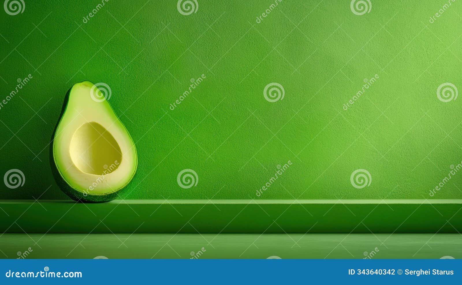 half an avocado against a vibrant green background creates a fresh, minimalist scene, ai
