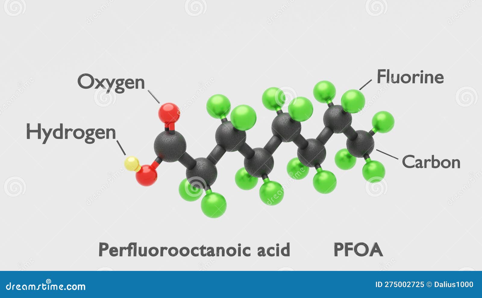 Perfluorooctanoic Acid PFOA C8HF15O2 3D Conformer White Background Perfluorooctanoic Acid PFOA C8HF15O2 3D Conformer White Background