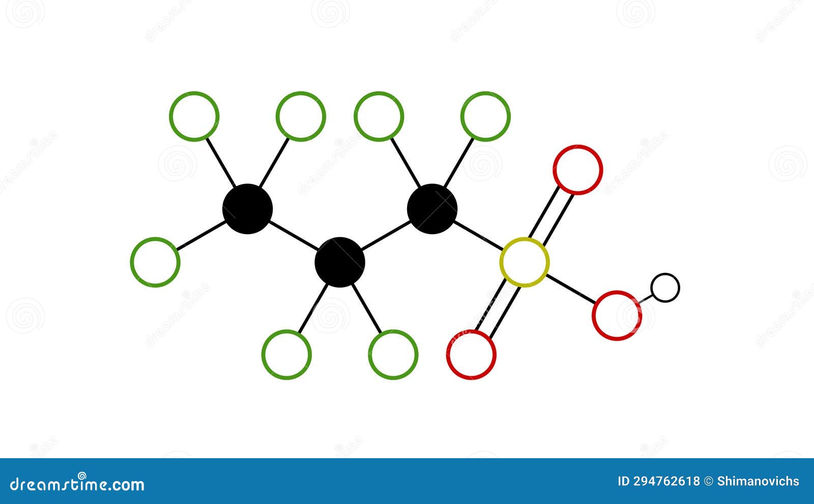 perfluoropropanesulfonic acid molecule, structural chemical formula, ball-and-stick model,  image pfprs