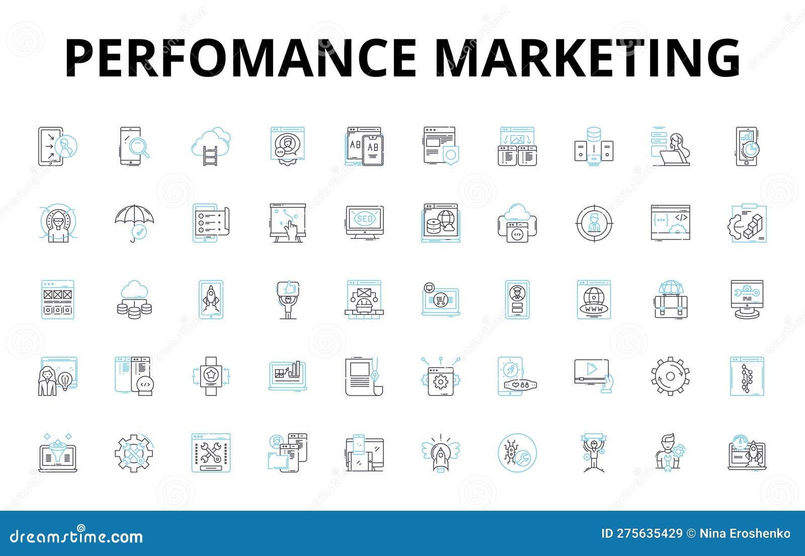 perfomance marketing linear icons set. conversion, clickthrough, roi, impressions, engagement, analytics, affiliates