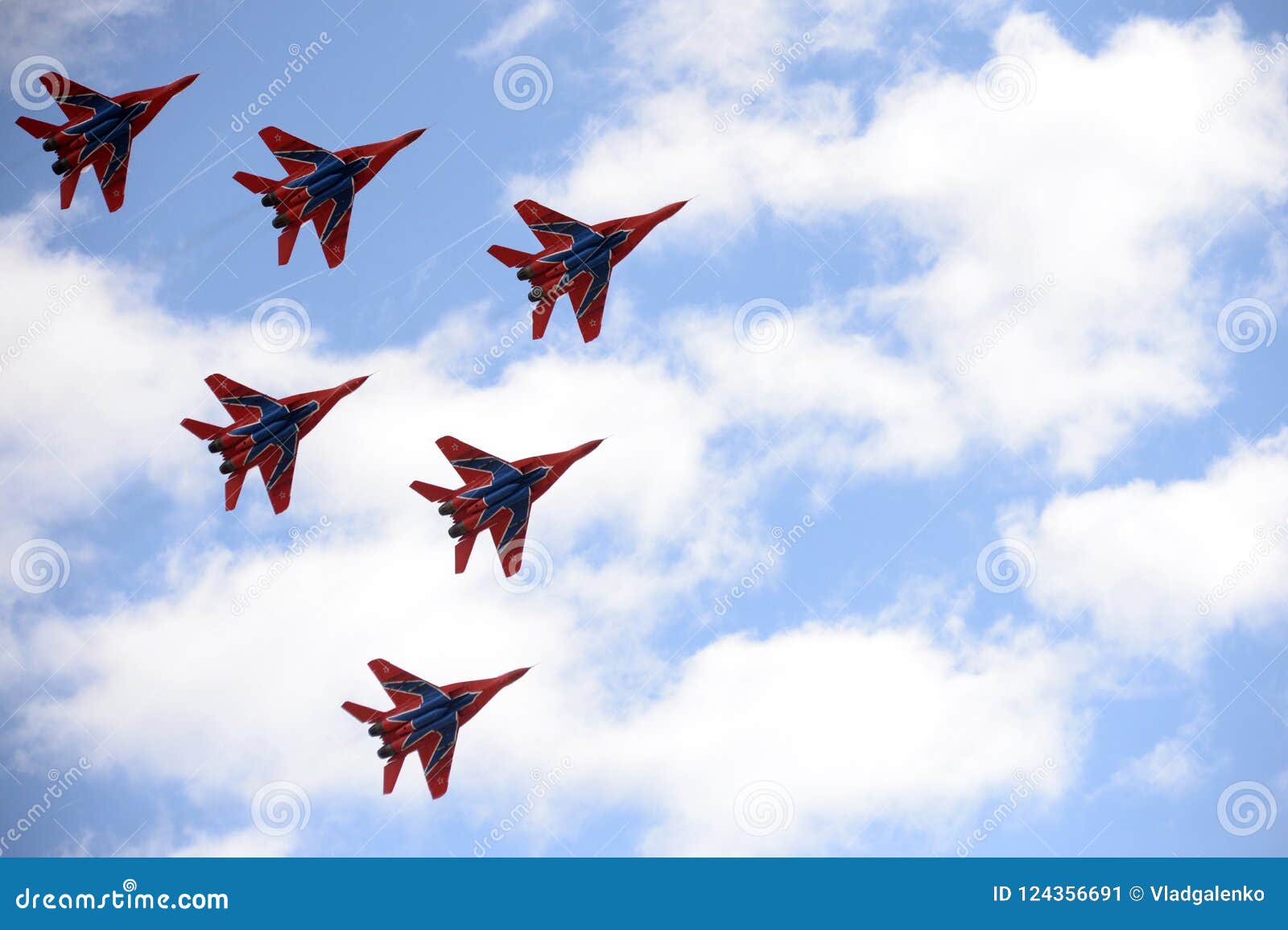 performance of the swifts aerobatic team on multi-purpose highly maneuverable mig-29 fighters over the myachkovo airfield