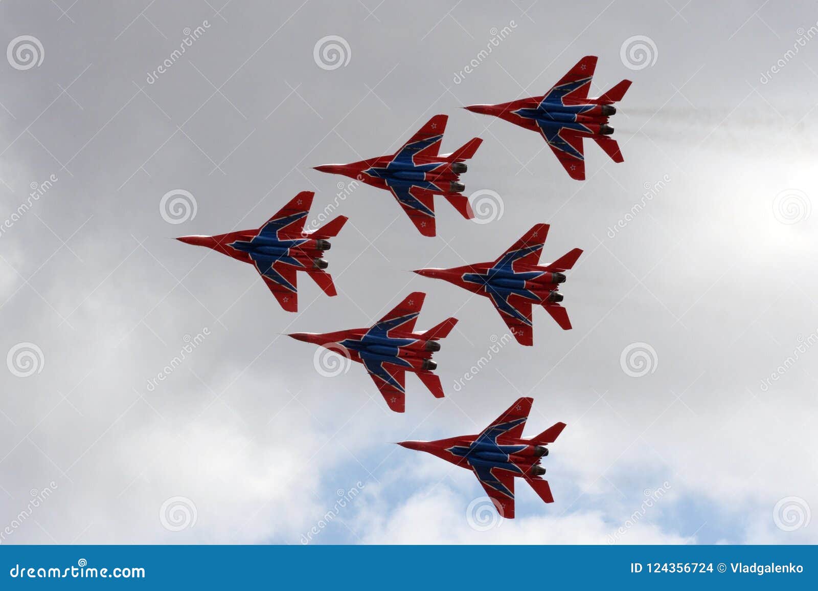 performance of the swifts aerobatic team on multi-purpose highly maneuverable mig-29 fighters over the myachkovo airfield