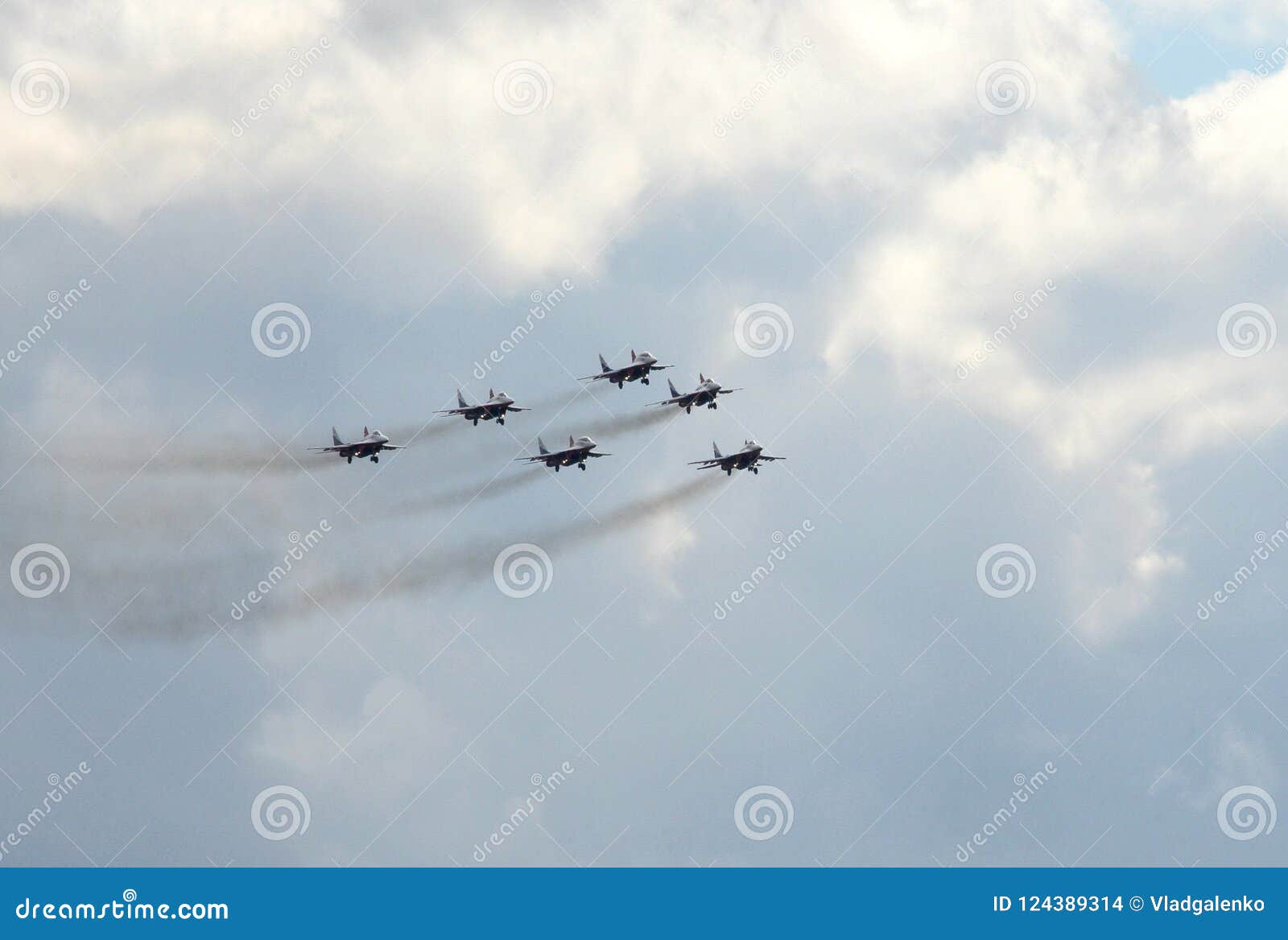 performance of the swifts aerobatic team on multi-purpose highly maneuverable mig-29 fighters over the myachkovo airfield