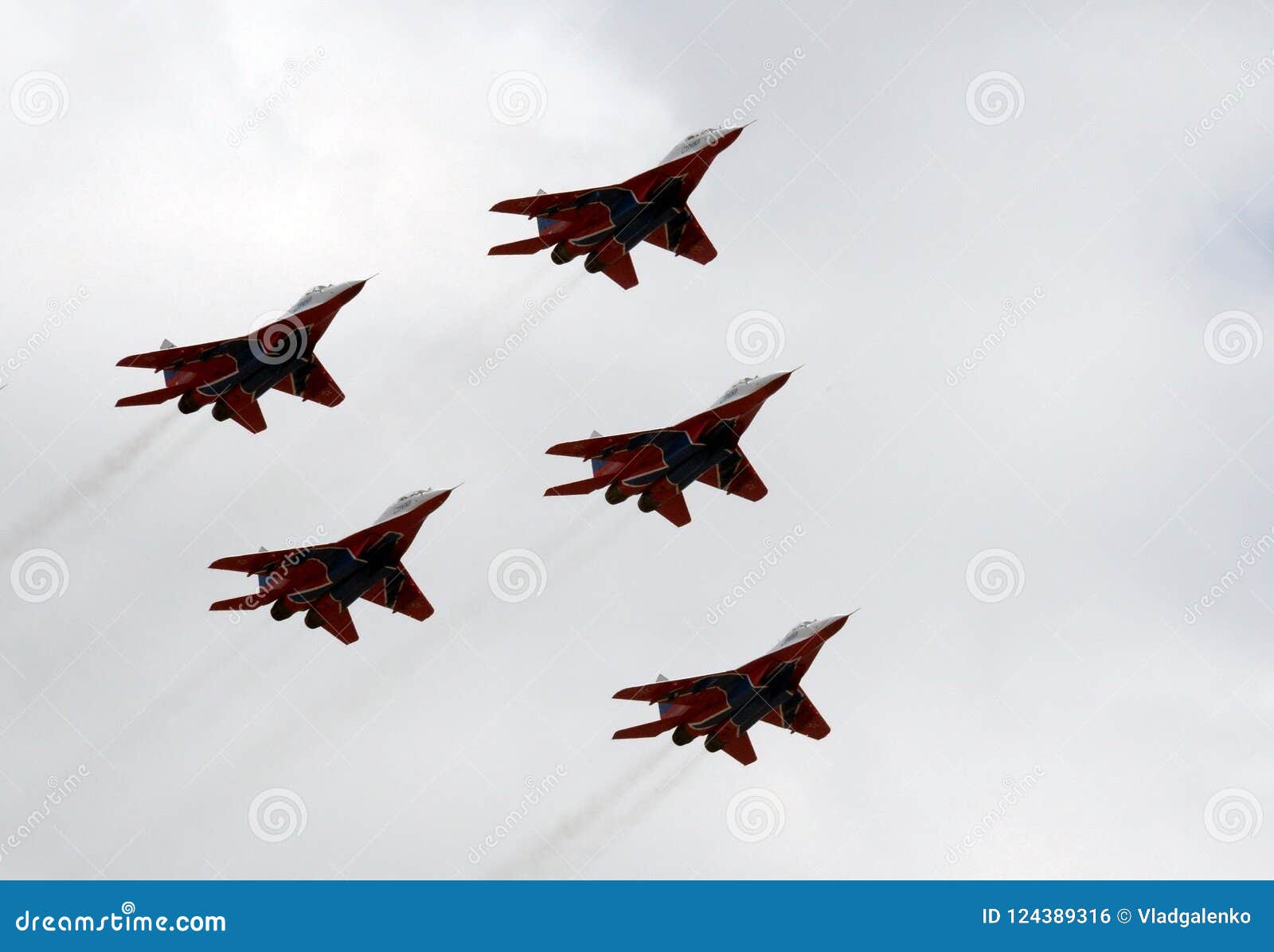 performance of the swifts aerobatic team on multi-purpose highly maneuverable mig-29 fighters over the myachkovo airfield