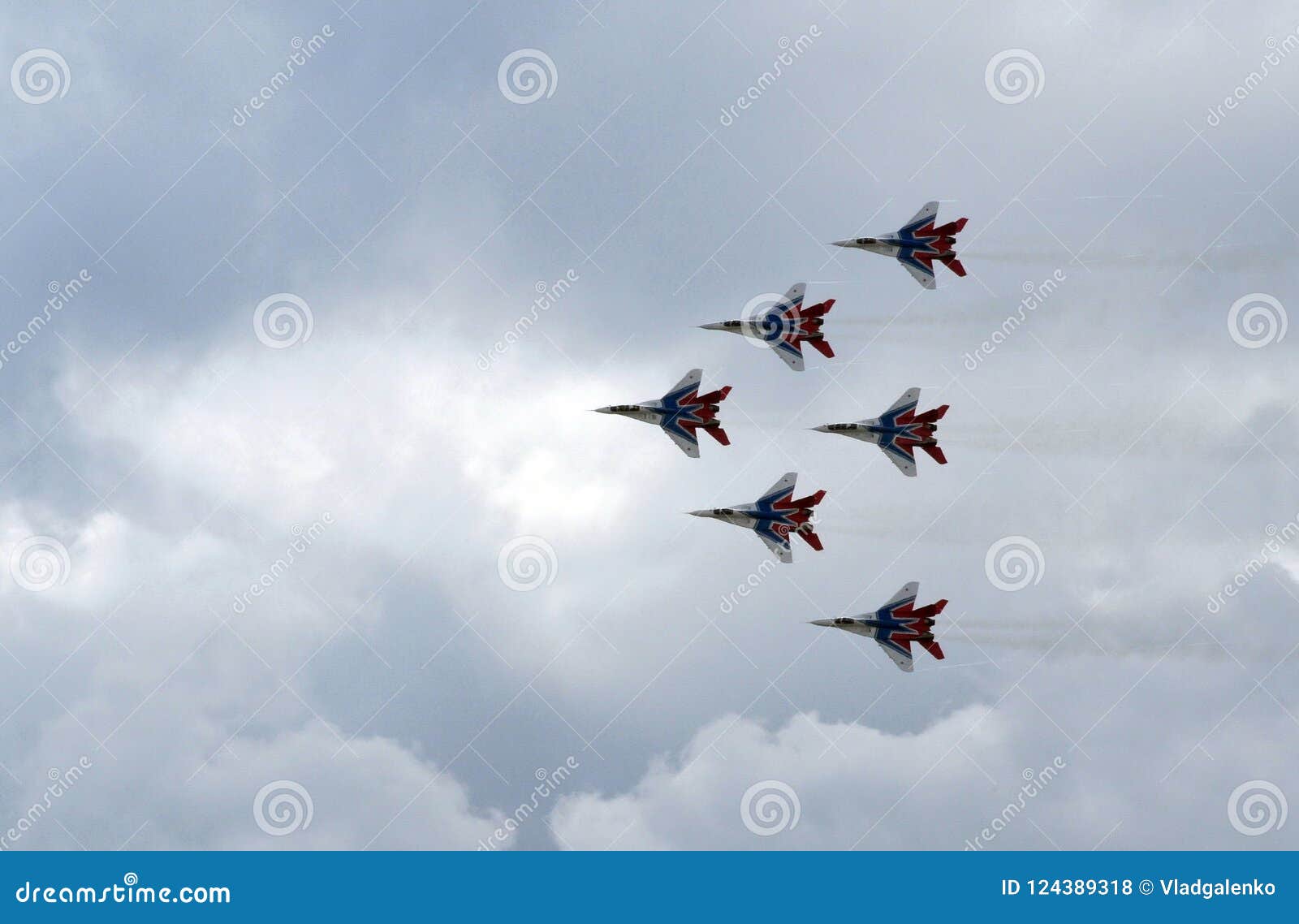 performance of the swifts aerobatic team on multi-purpose highly maneuverable mig-29 fighters over the myachkovo airfield