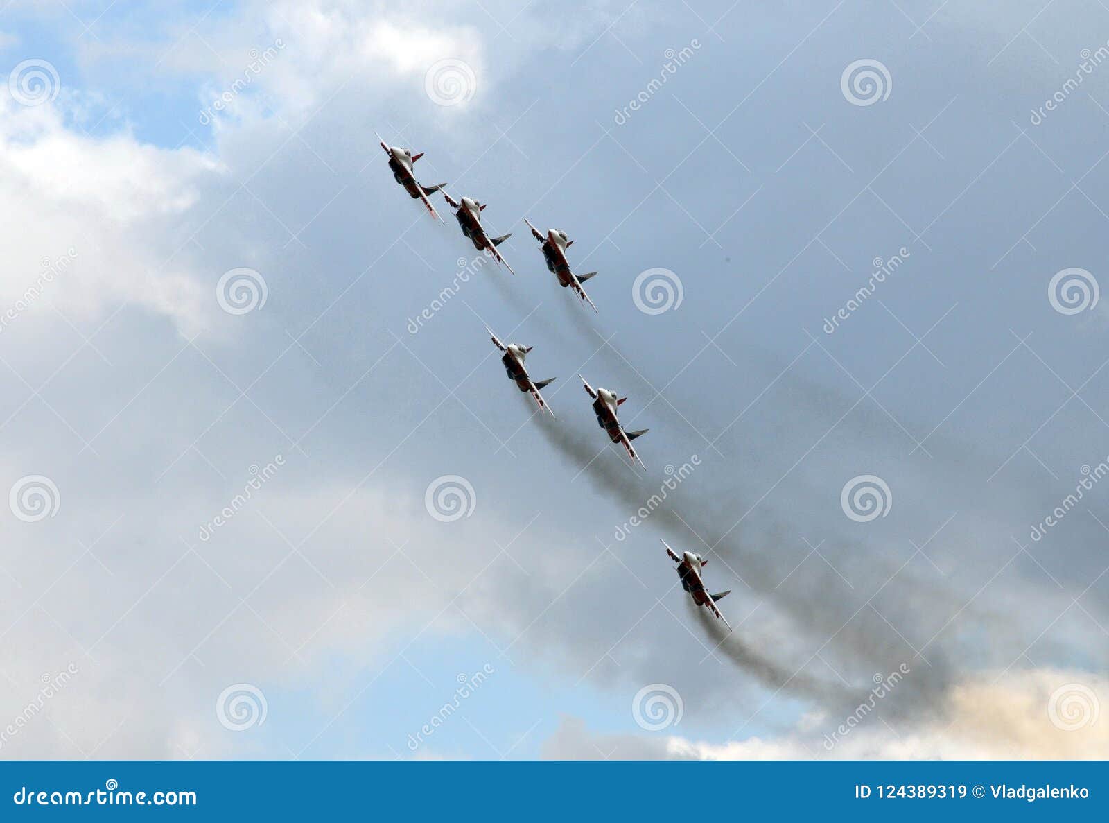 performance of the swifts aerobatic team on multi-purpose highly maneuverable mig-29 fighters over the myachkovo airfield