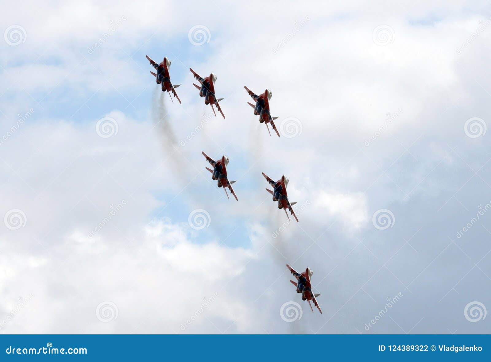 performance of the swifts aerobatic team on multi-purpose highly maneuverable mig-29 fighters over the myachkovo airfield