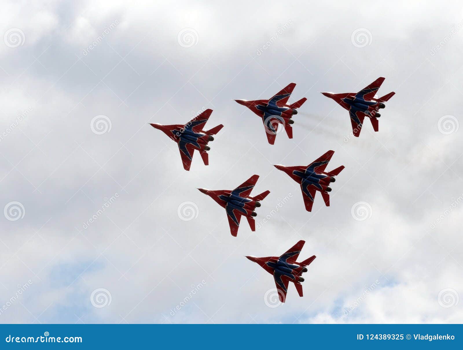 performance of the swifts aerobatic team on multi-purpose highly maneuverable mig-29 fighters over the myachkovo airfield