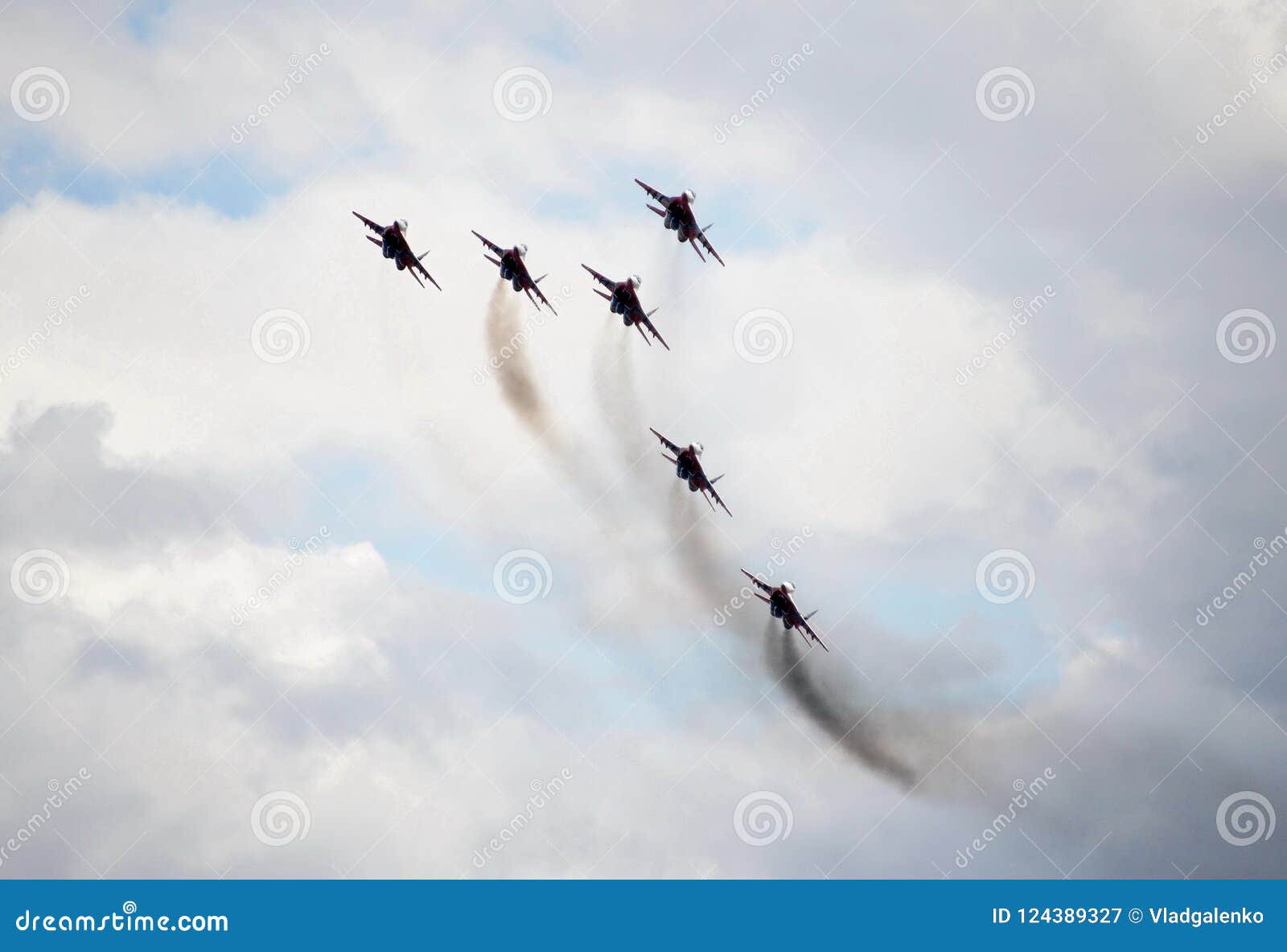 performance of the swifts aerobatic team on multi-purpose highly maneuverable mig-29 fighters over the myachkovo airfield