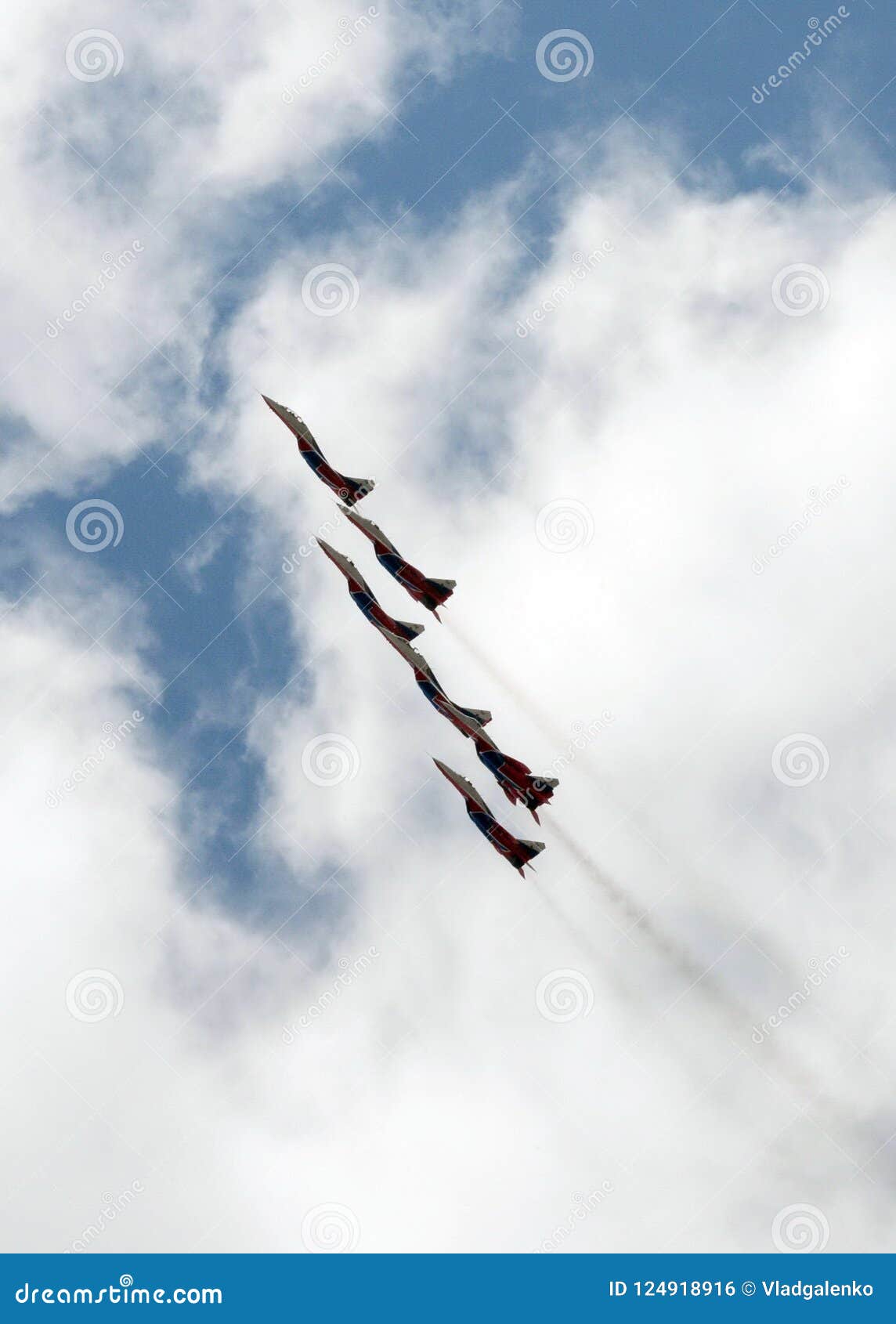 performance of the swifts aerobatic team on multi-purpose highly maneuverable mig-29 fighters over the myachkovo airfield