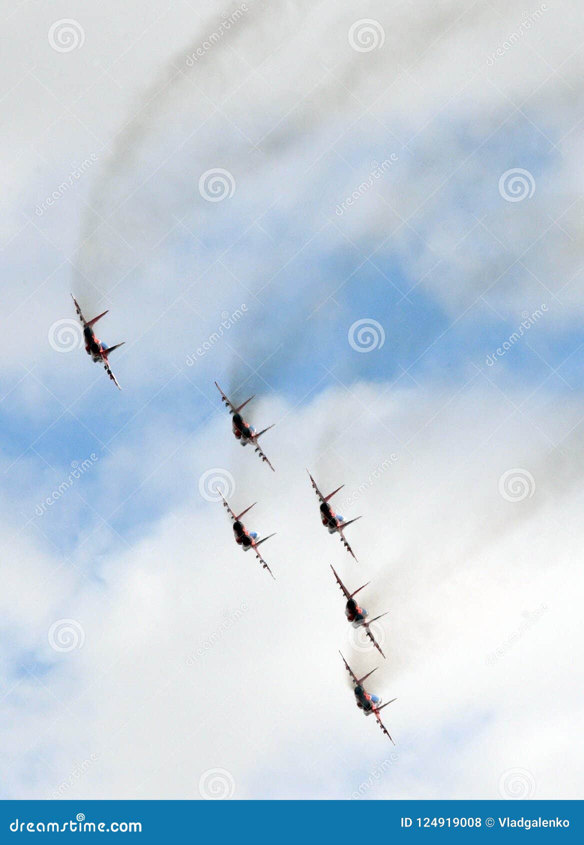 performance of the swifts aerobatic team on multi-purpose highly maneuverable mig-29 fighters over the myachkovo airfield