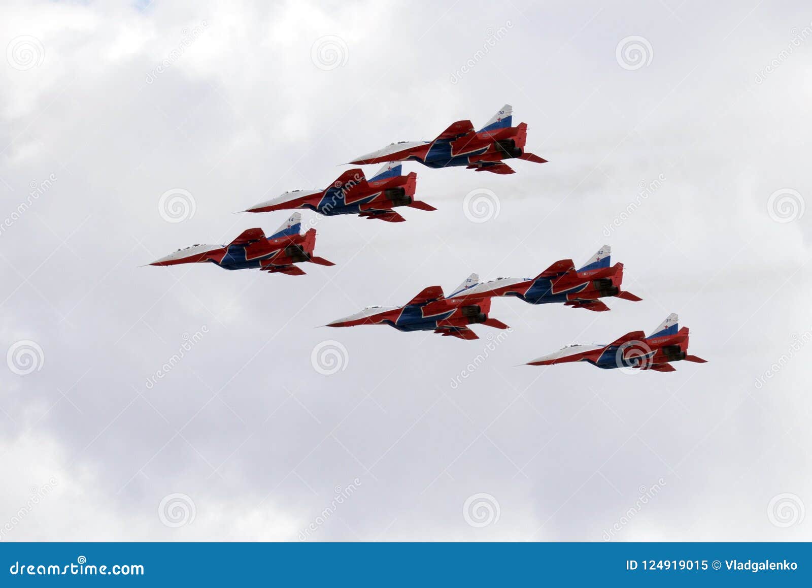 performance of the swifts aerobatic team on multi-purpose highly maneuverable mig-29 fighters over the myachkovo airfield