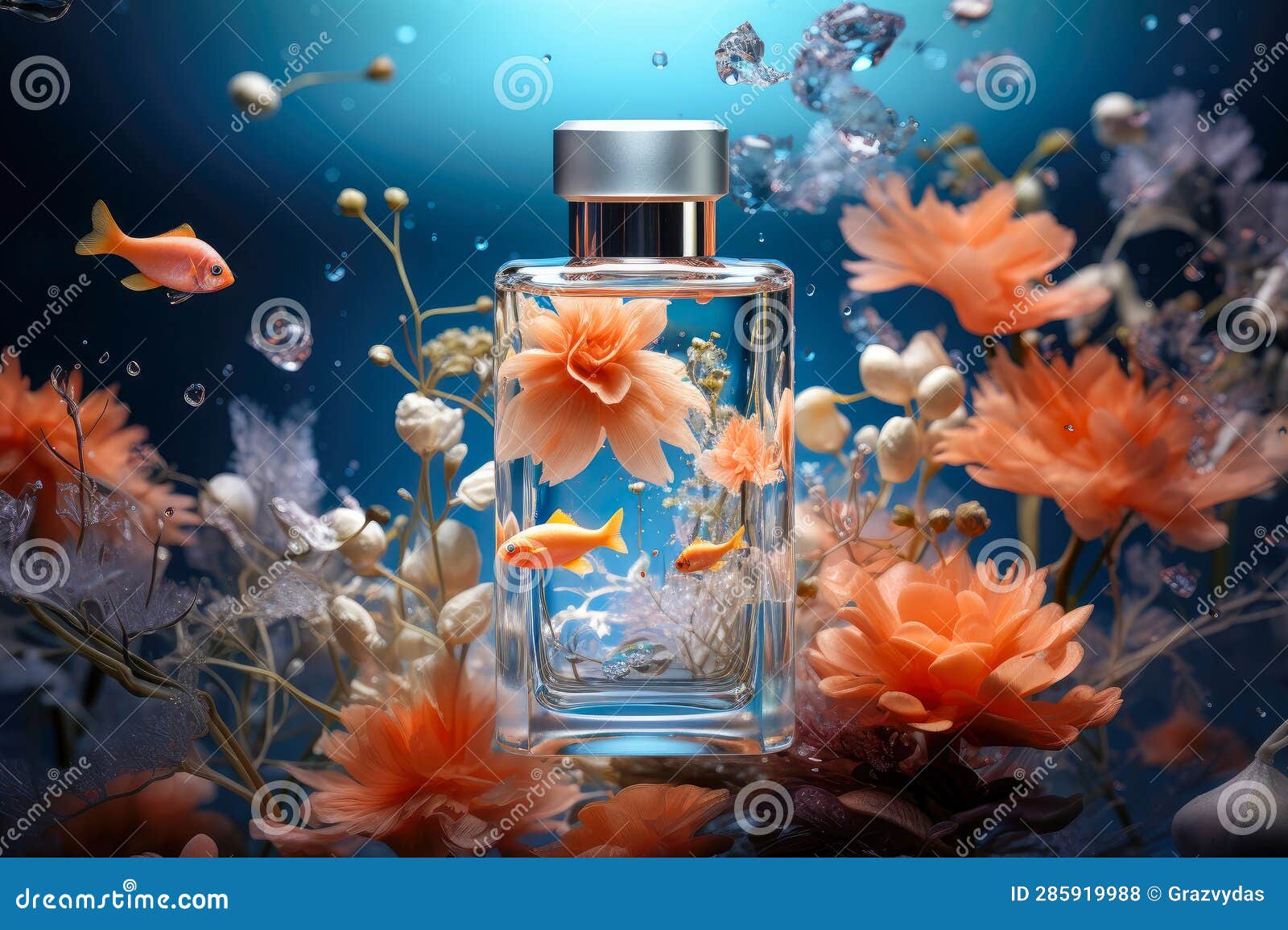 Perfume Bottle in the Aquarium with Fish and Flowers Around it Stock