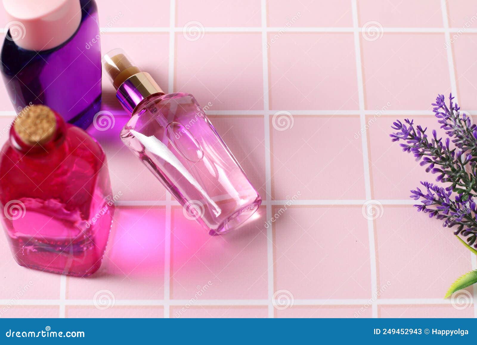Pink Perfume Cosmetic Bottle and Natural Flowers Stock Image Image of