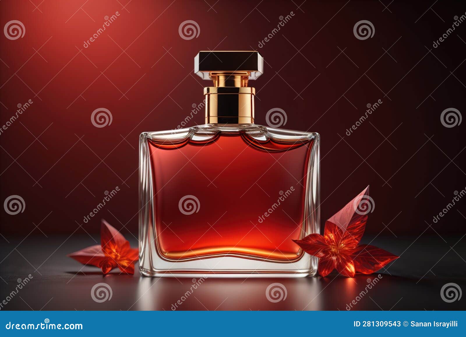 Perfume Bottle with Red Flower on Black Background. Generative Ai Stock