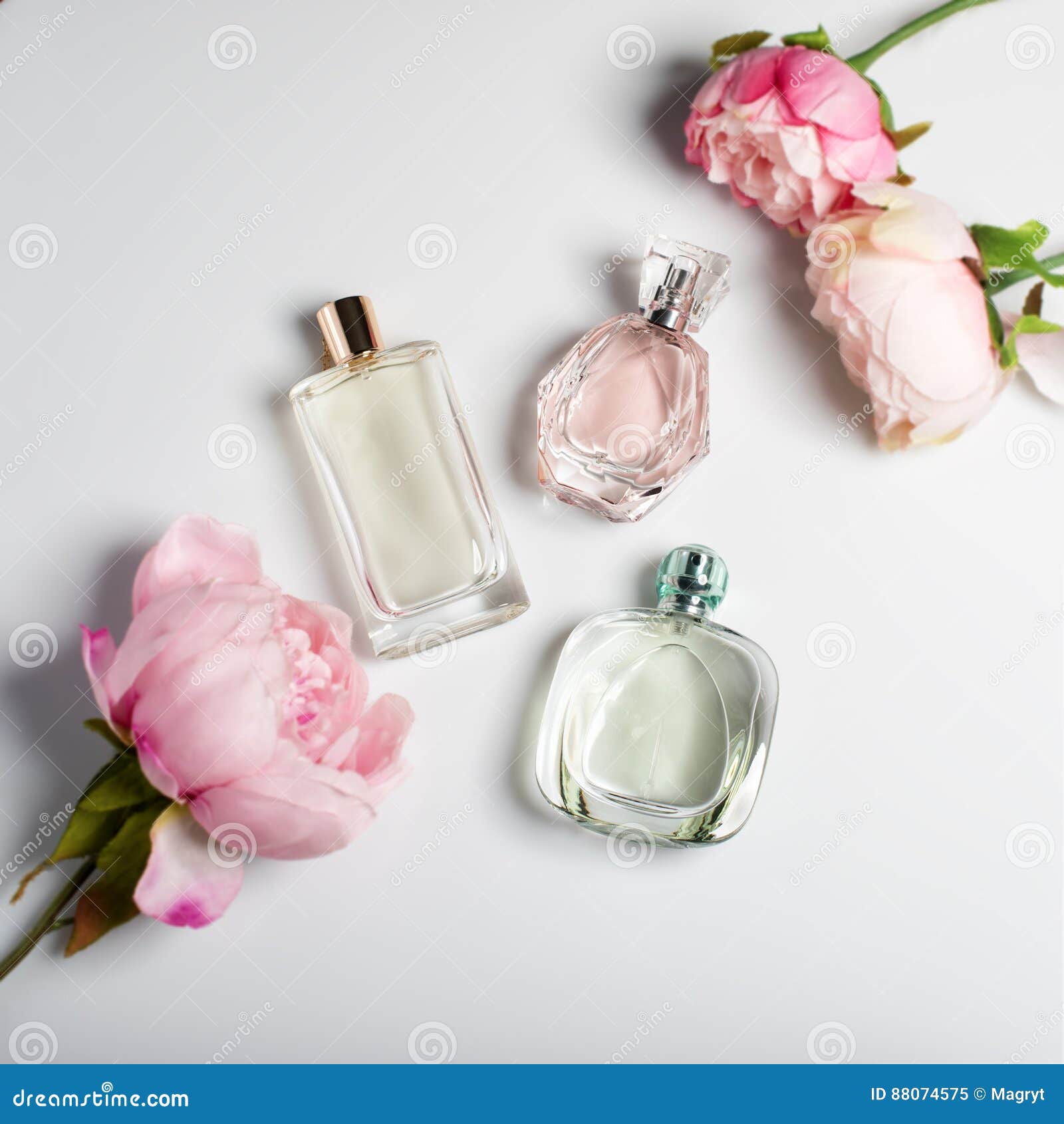 Perfume Bottles Flowers Light Background Perfumery Cosmetics