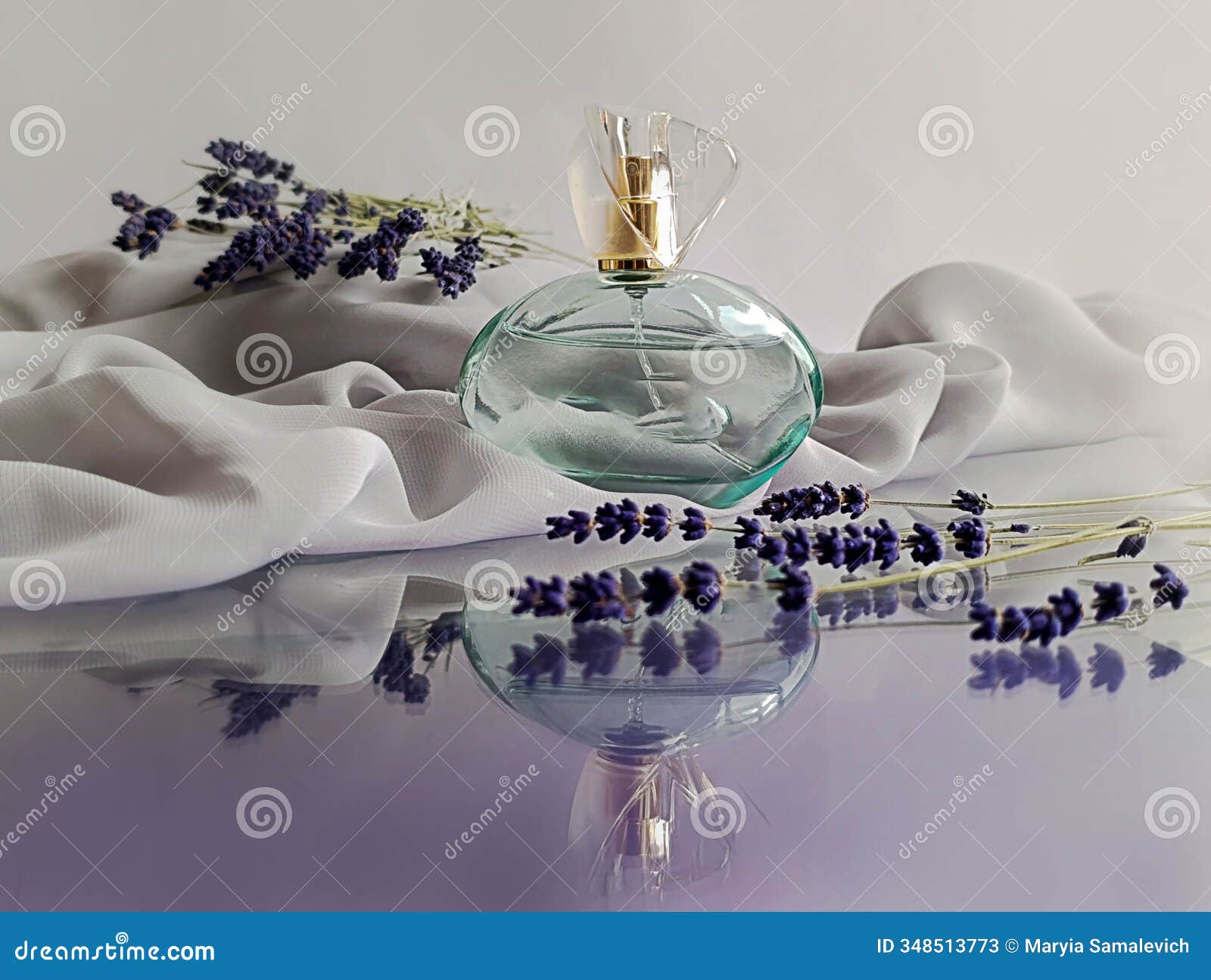 Perfume with Lavender, Light Gray Scarf, Reflection from Objects Stock ...