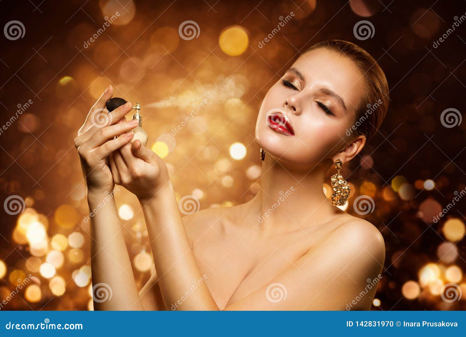 perfume, luxury woman spraying fragrance, aroma and fashion model