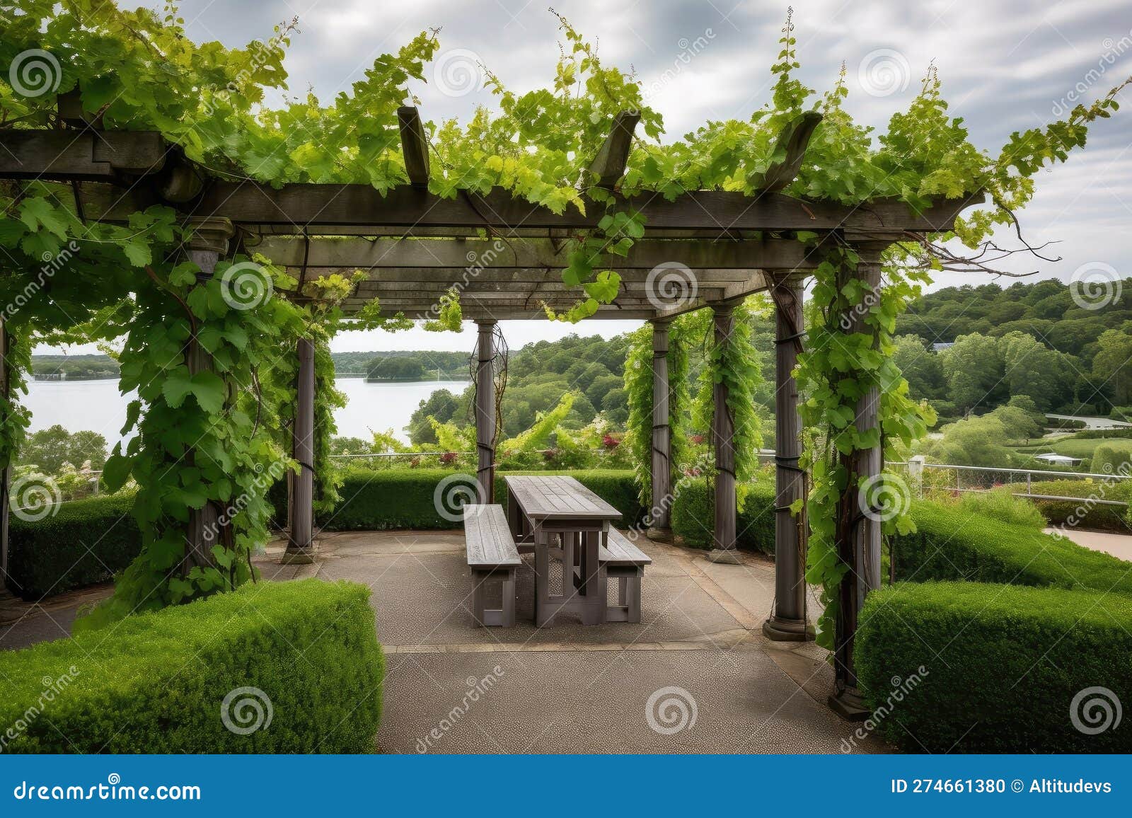 Pergola Covered in Lush Vines with a View of the Tranquil Lake Stock