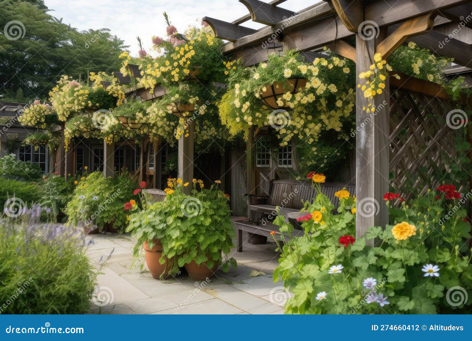 Pergola with Hanging Baskets and Blooming Flowers in the Background