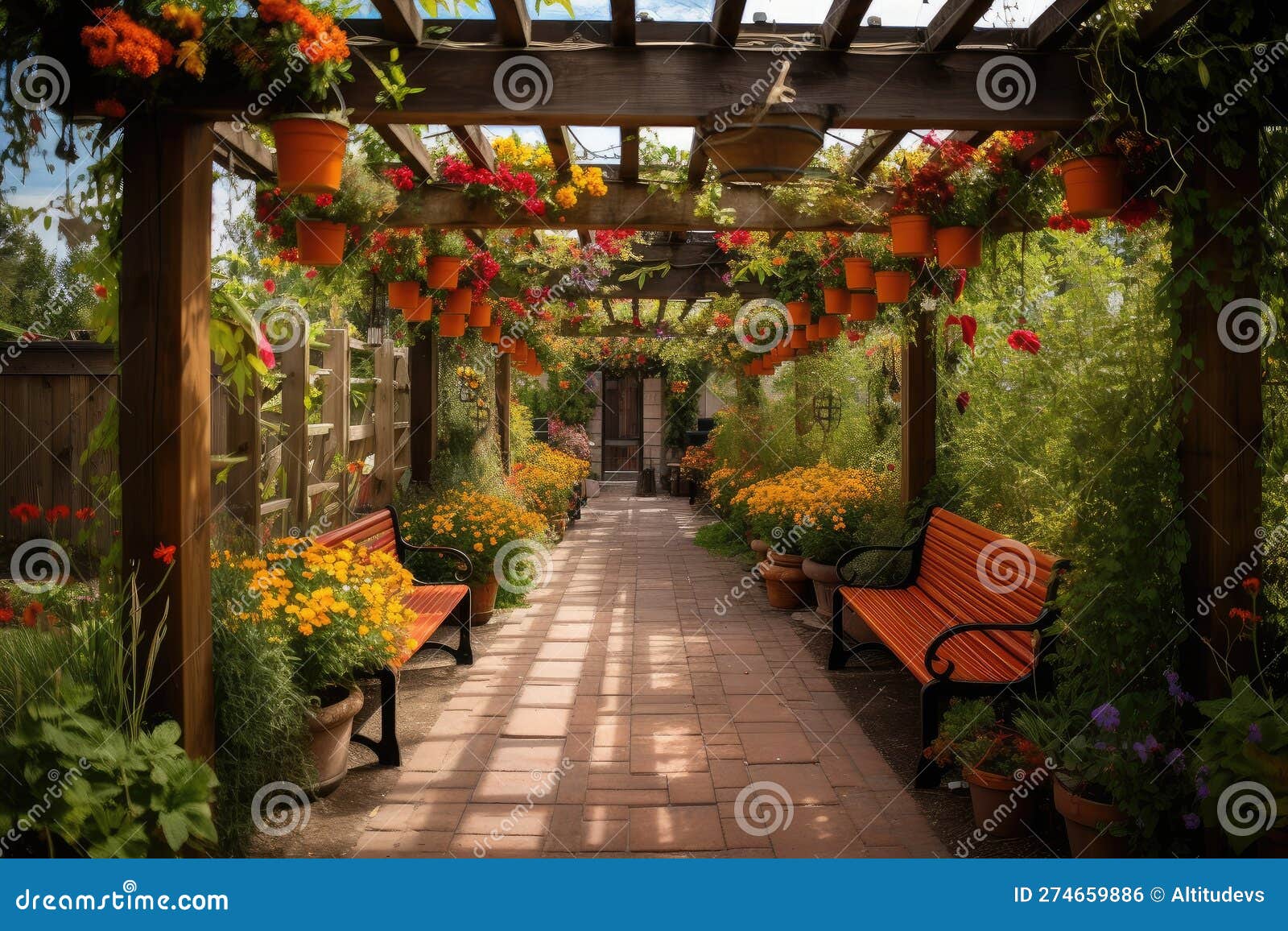 Pergola with Hanging Baskets and Lanterns, Surrounded by Colorful