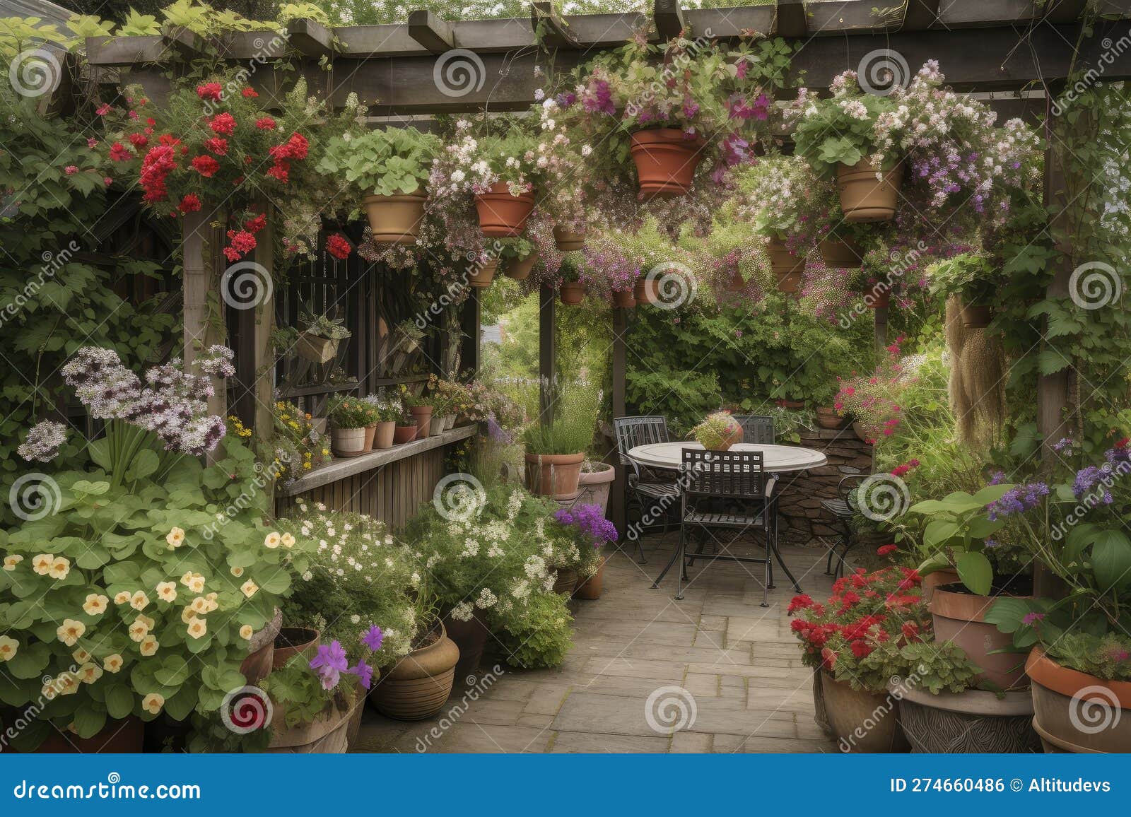 Pergola with Hanging Baskets and Pots of Flowers, Surrounded by Lush Greenery Stock Photo