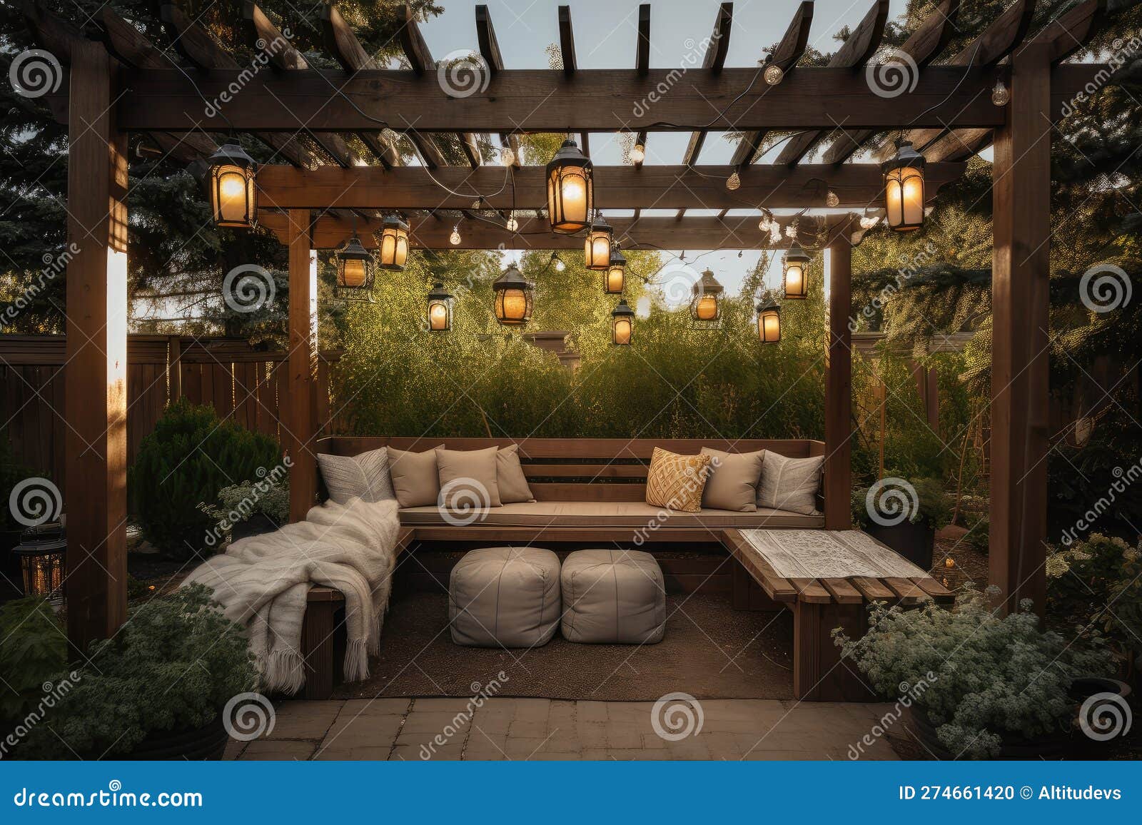 Pergola with Hanging Lanterns and Plush Outdoor Seating Stock