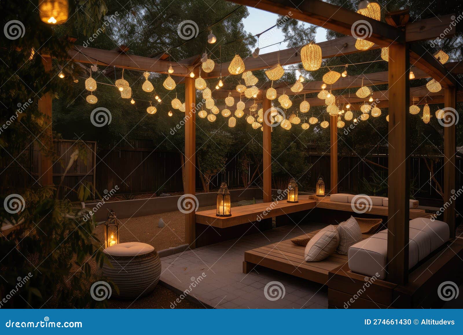 Pergola with Hanging Lanterns and Plush Outdoor Seating Stock