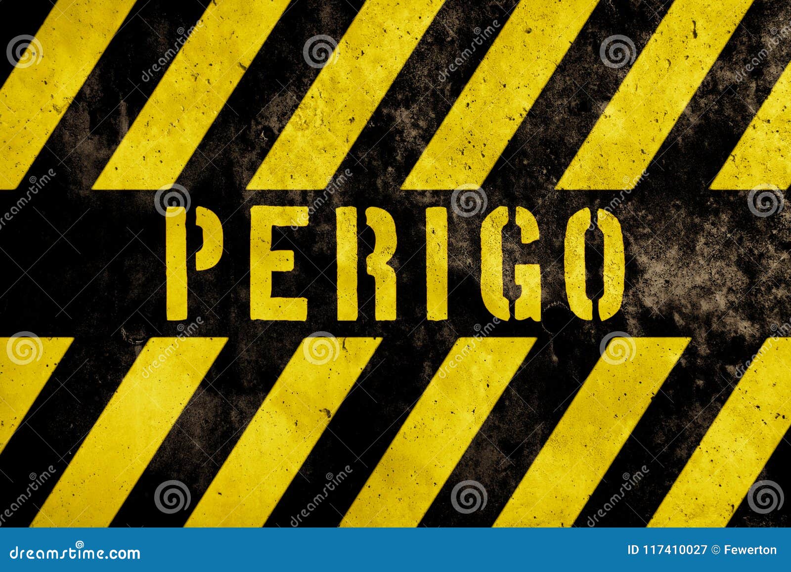 perigo in portuguese language, danger warning sign text with yellow and dark stripes painted over concrete wall facade texture