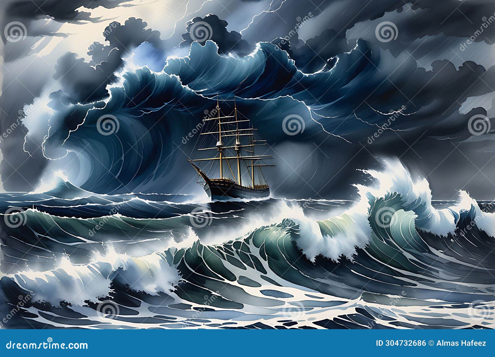 perilous journey: stormy ocean scene depicting waves towering over a lone ship - struggling to navigate, rain-lashed horizon