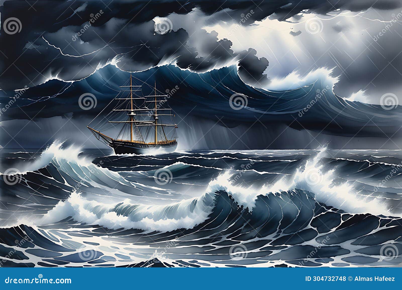 perilous journey: stormy ocean scene depicting waves towering over a lone ship - struggling to navigate, rain-lashed horizon