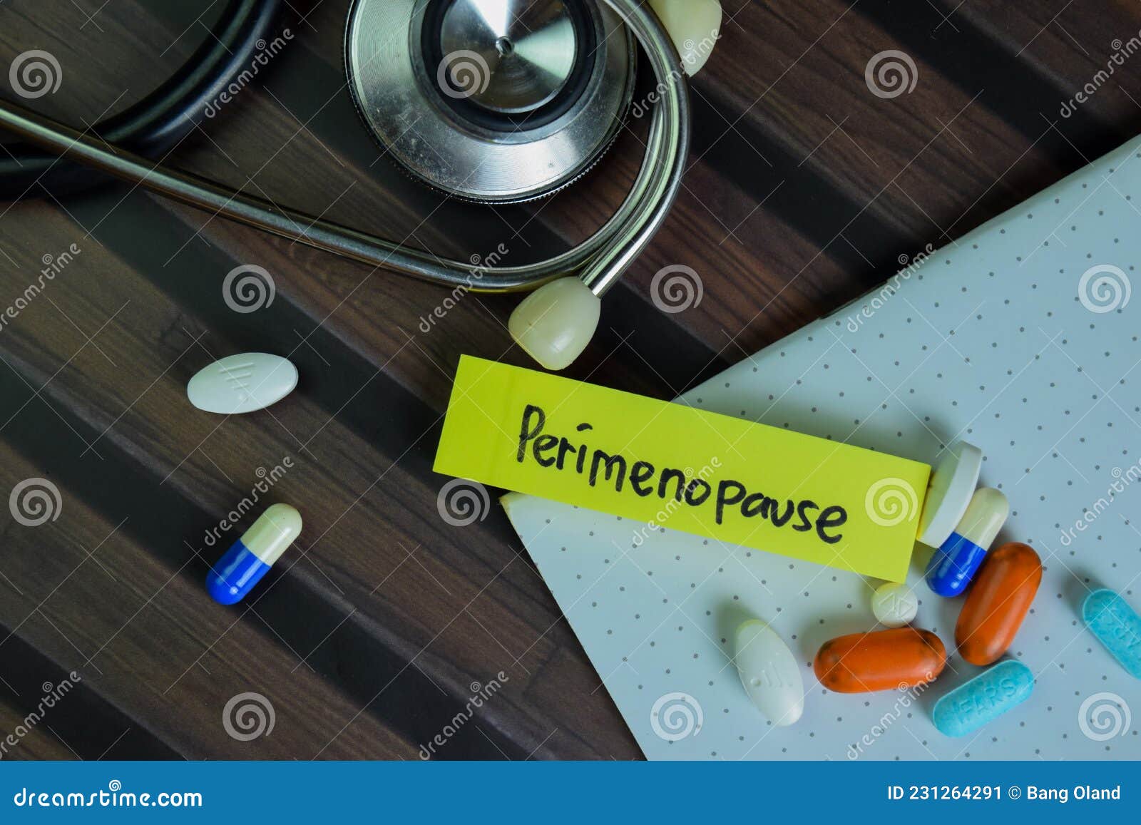Perimenopause Write on Sticky Notes Isolated on Wooden Table Stock