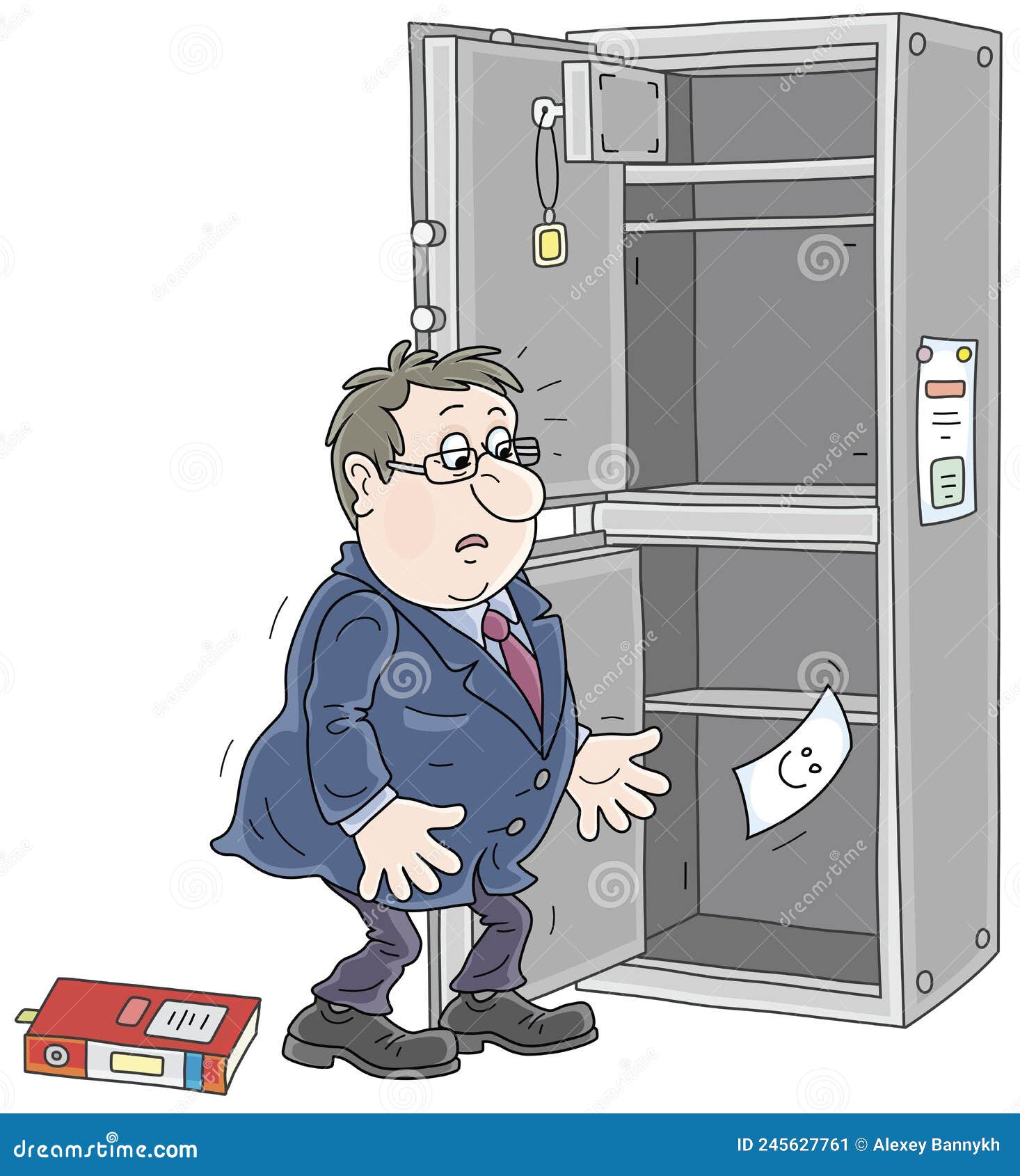 puzzled businessman and an empty money safe
