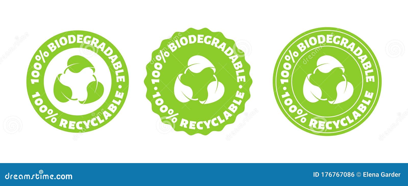 100 persent biodegradable recycle stamp.  reusable plastic bio package logo icon set. eco sign