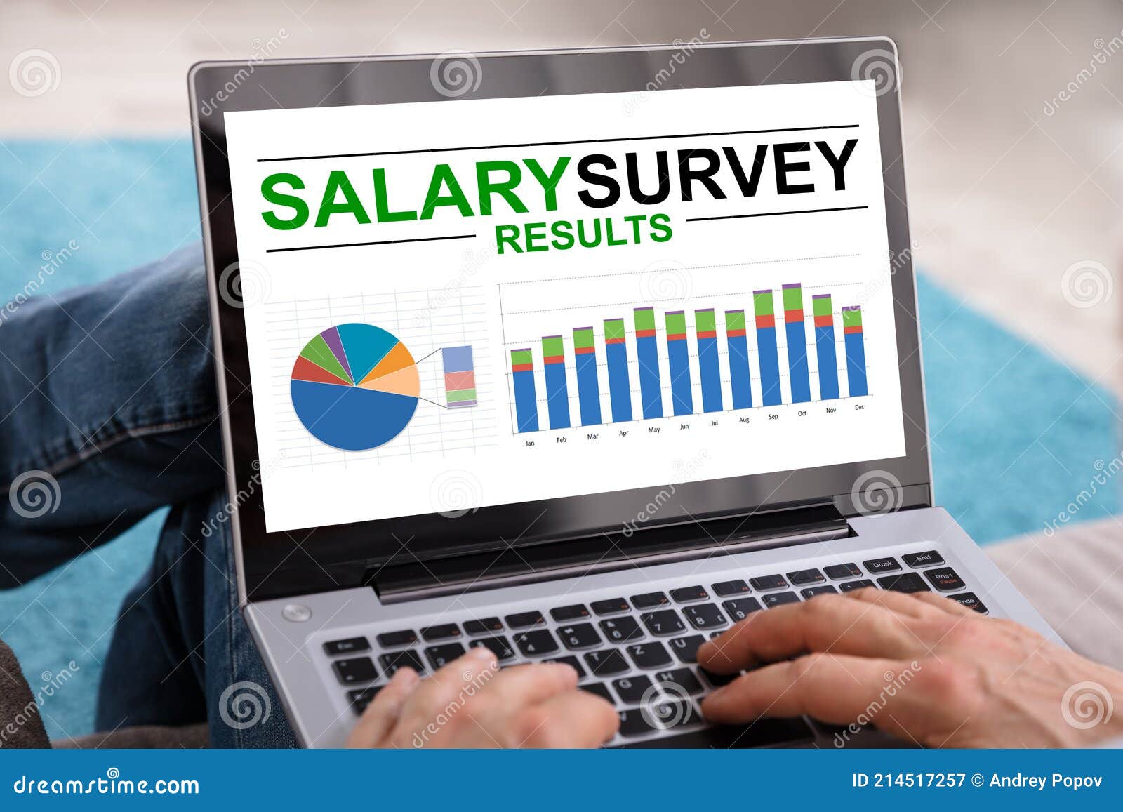 person analyzing salary survey results on laptop