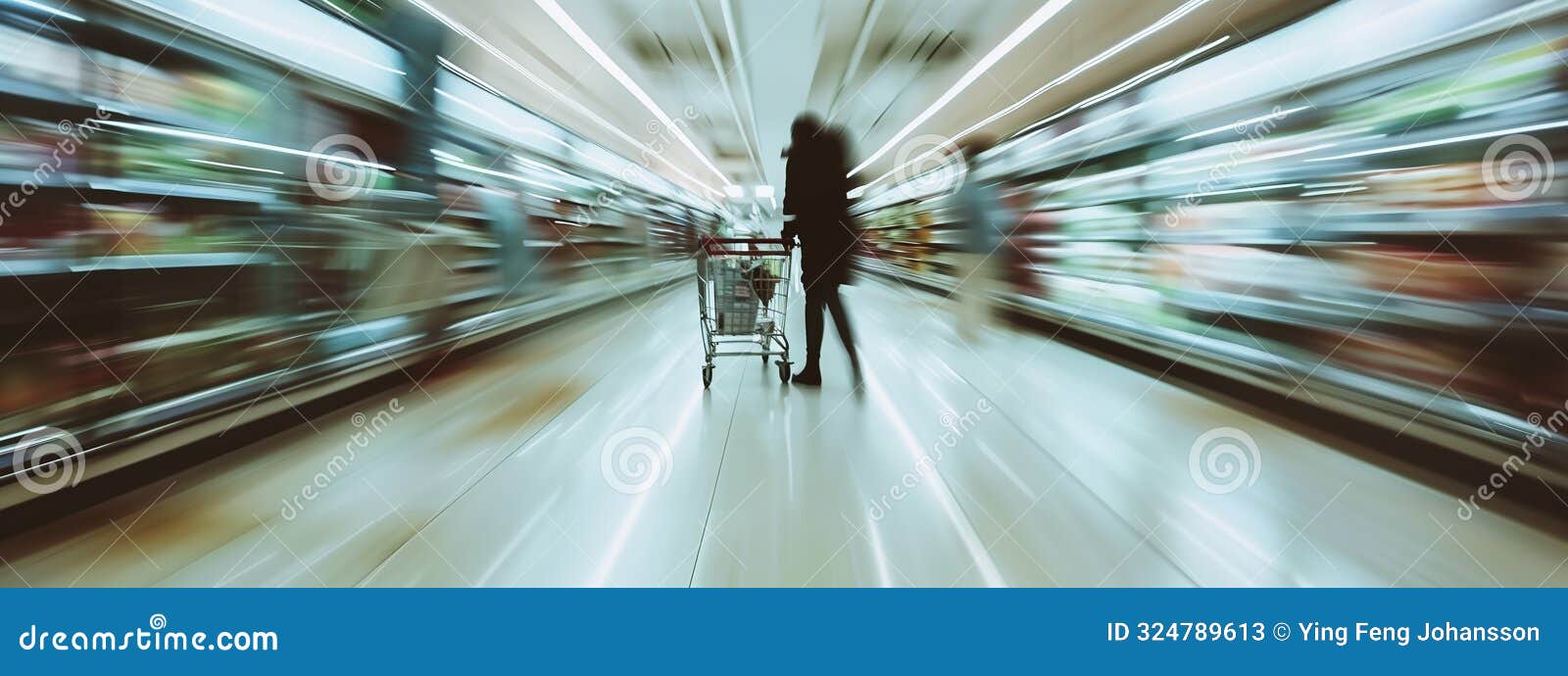 a person in blurred motion pushes a cart in a supermarket