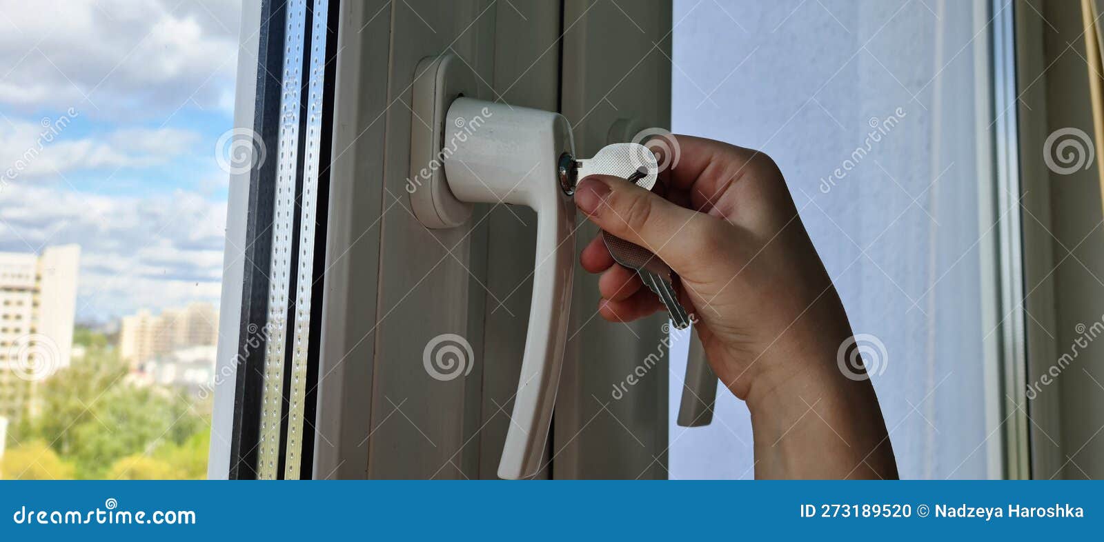 Person Child Manual Locking and Opening of Double Glazed Window Stock