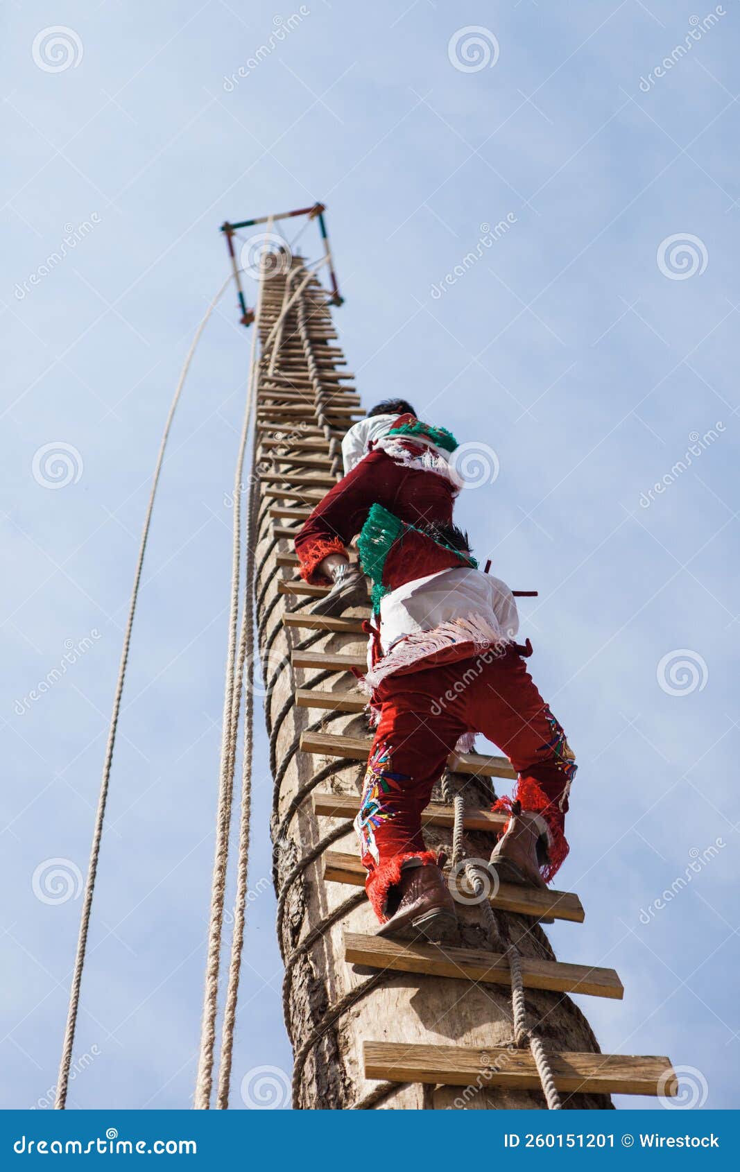 person climbing a pole for danza de los voladores in cuetzalan del progreso, puebla, mexico