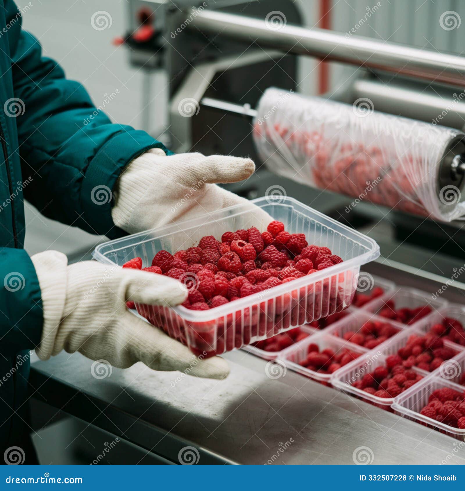 person in green jacket holds container of red berries in a food processing facility